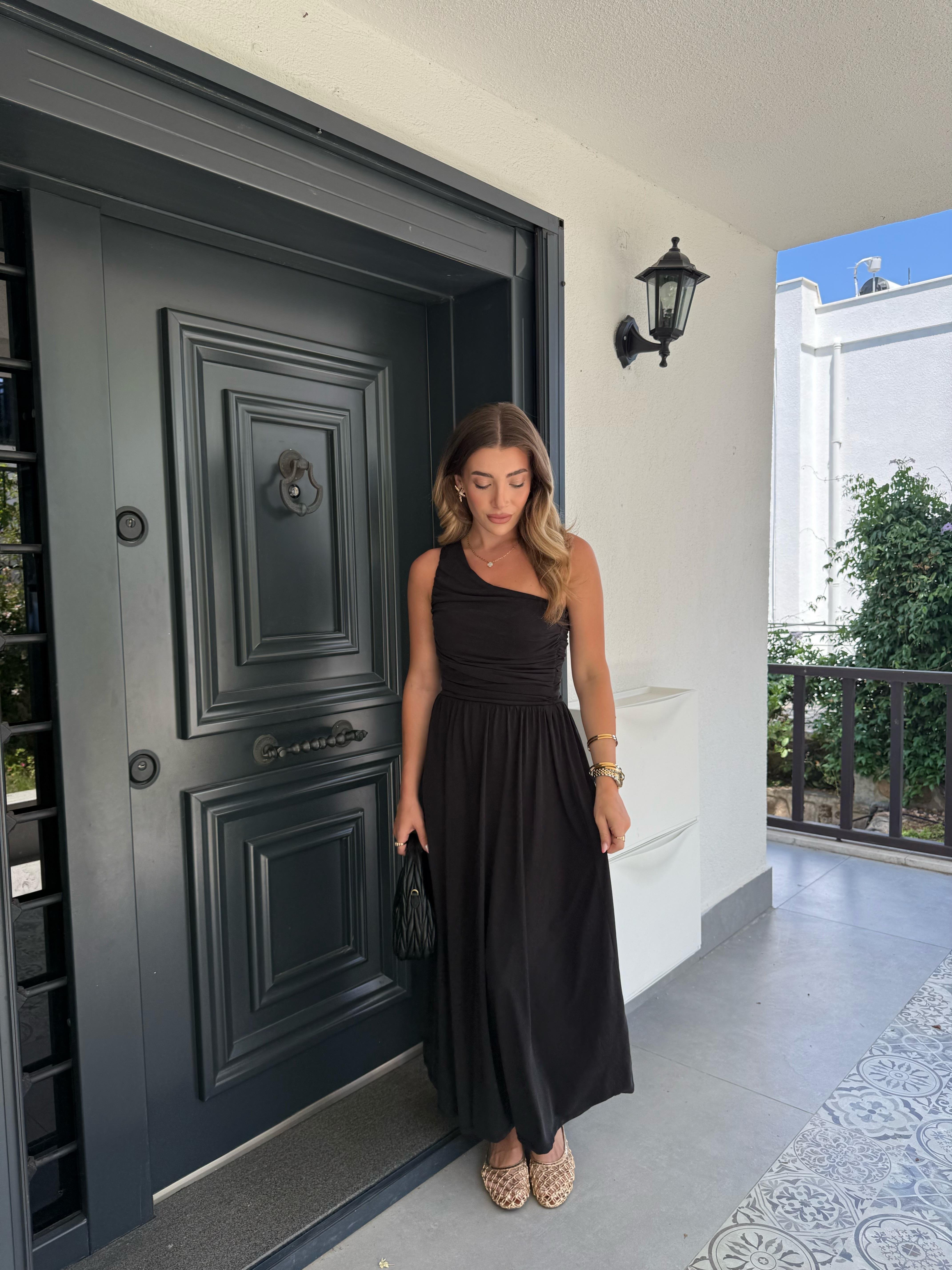 Tek Omuz Drapeli Modal Elbise - Siyah