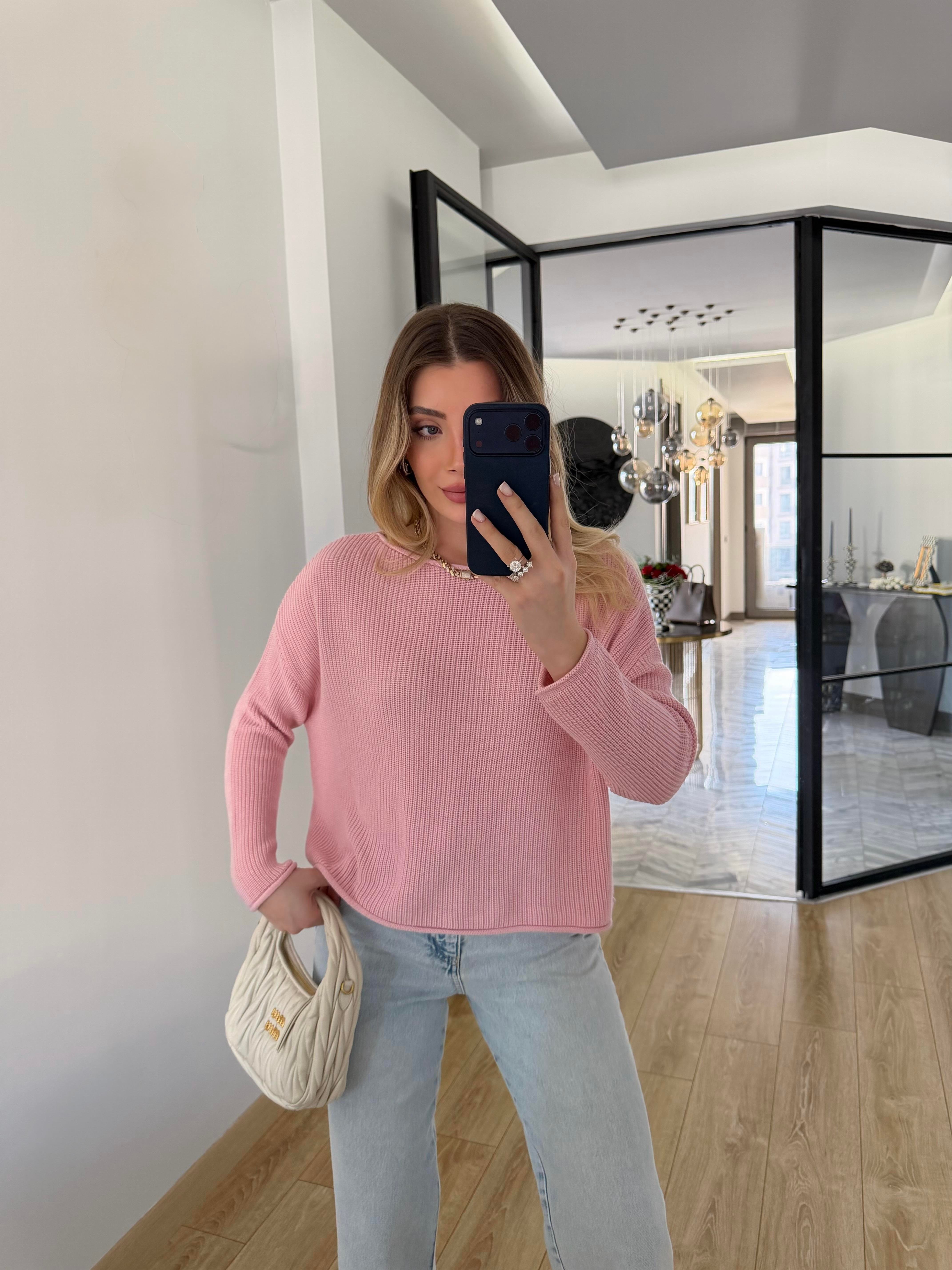 Toz Pembe Kayık Yaka Basic Triko Kazak-10804