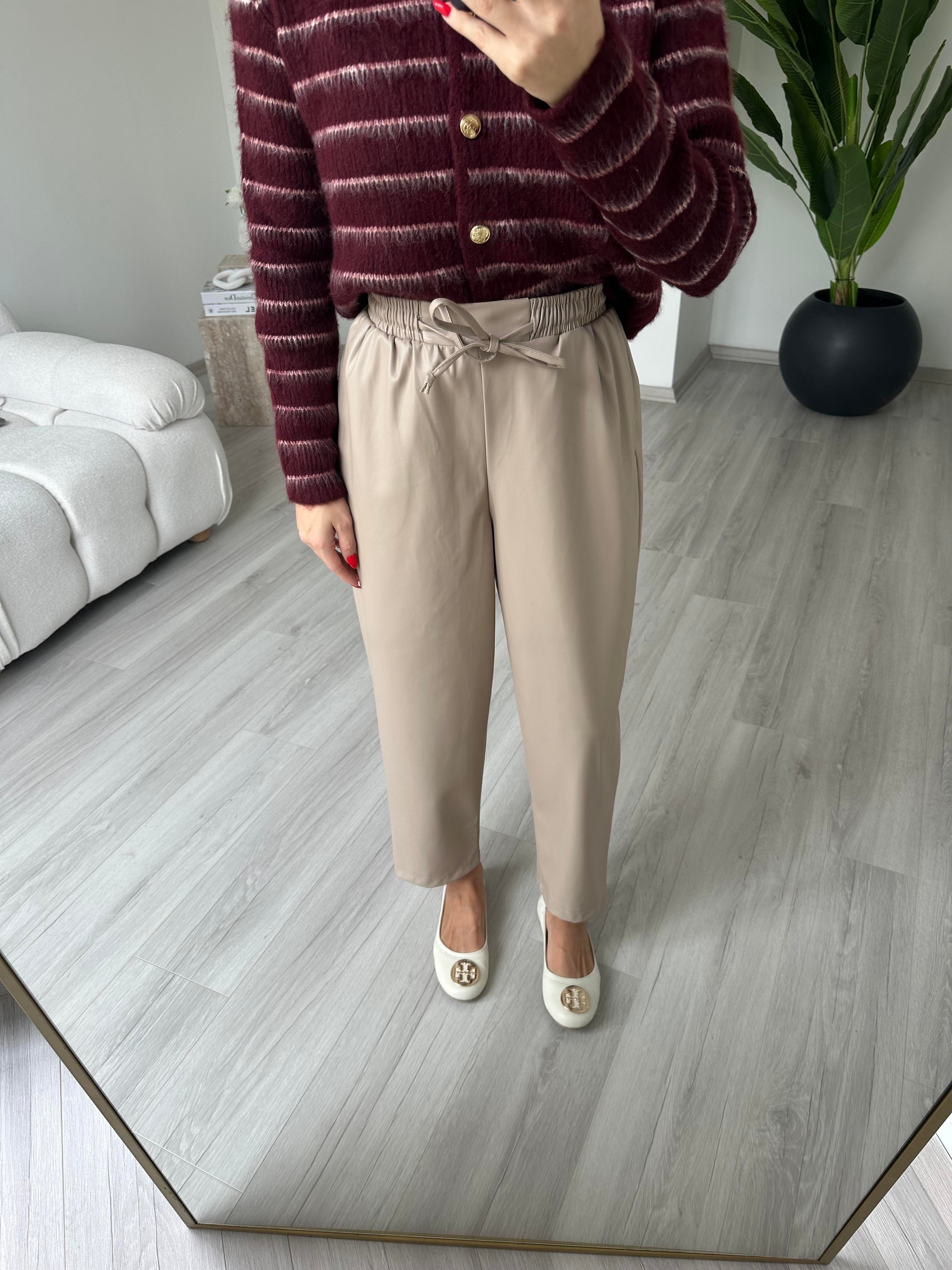 Vizon Beli Lastikli Deri Pantolon 