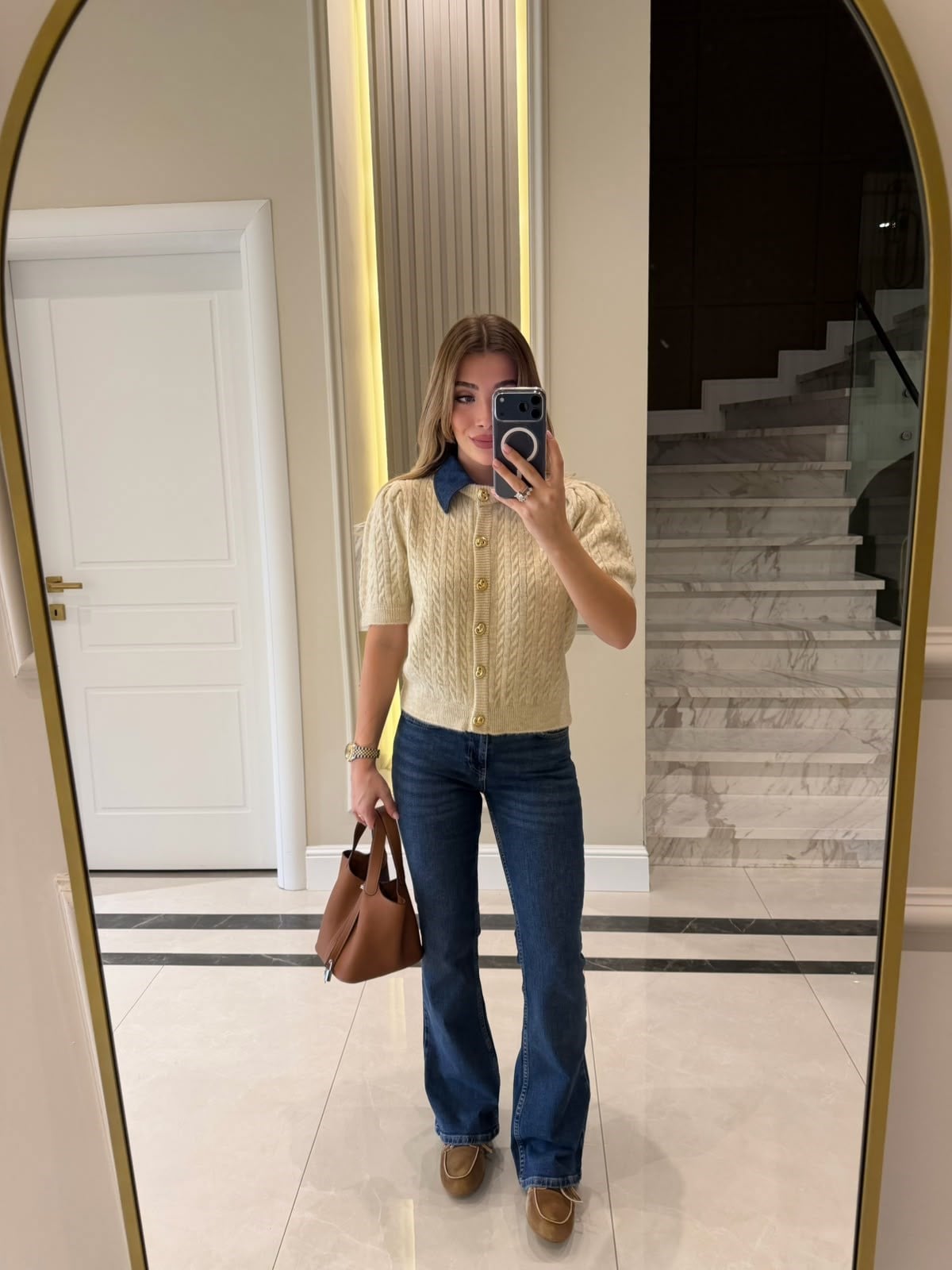 Yakası Jean Detaylı Triko Hırka