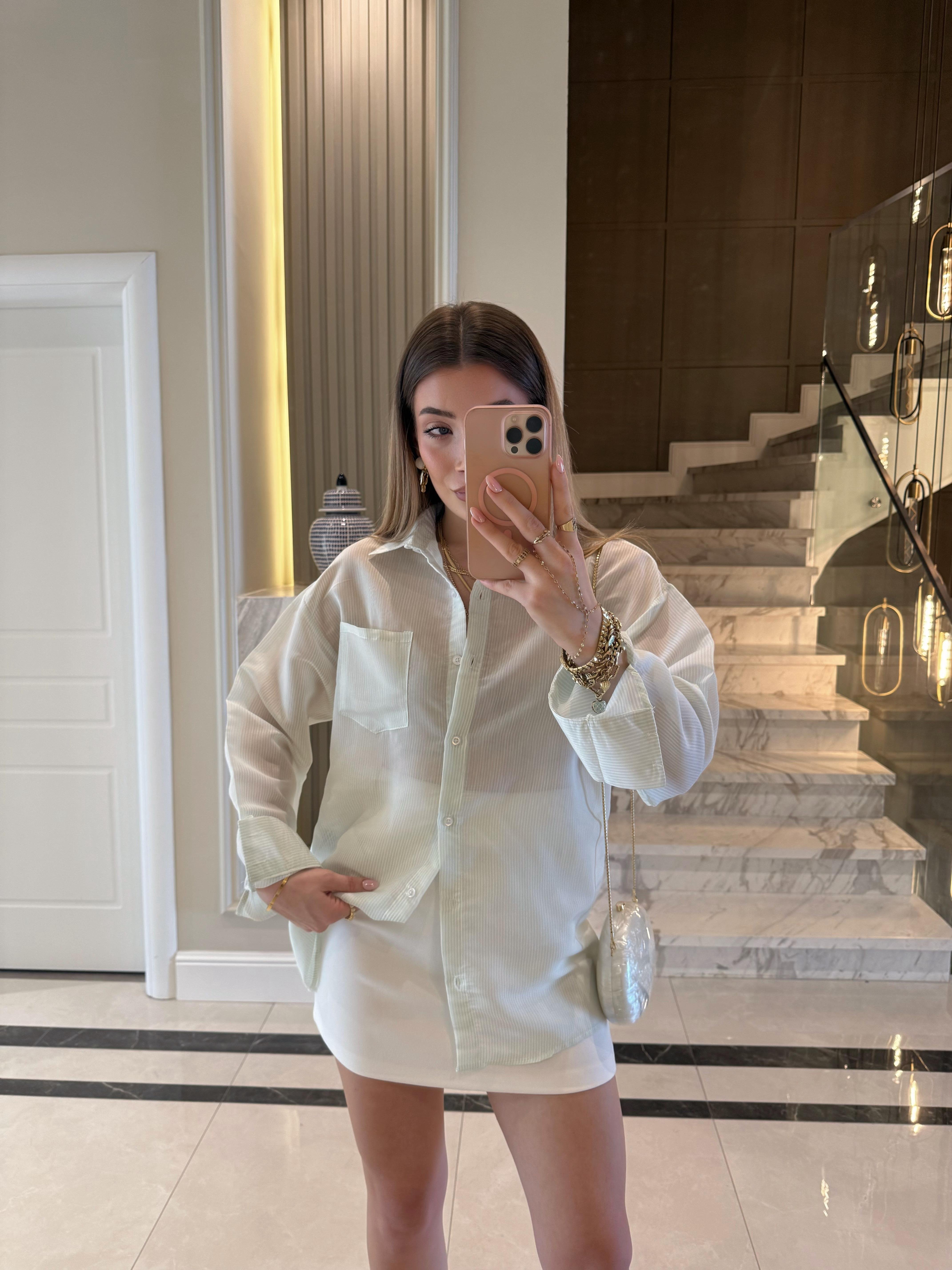Yeşil-Beyaz Çizgili Ms Oversize Gömlek 