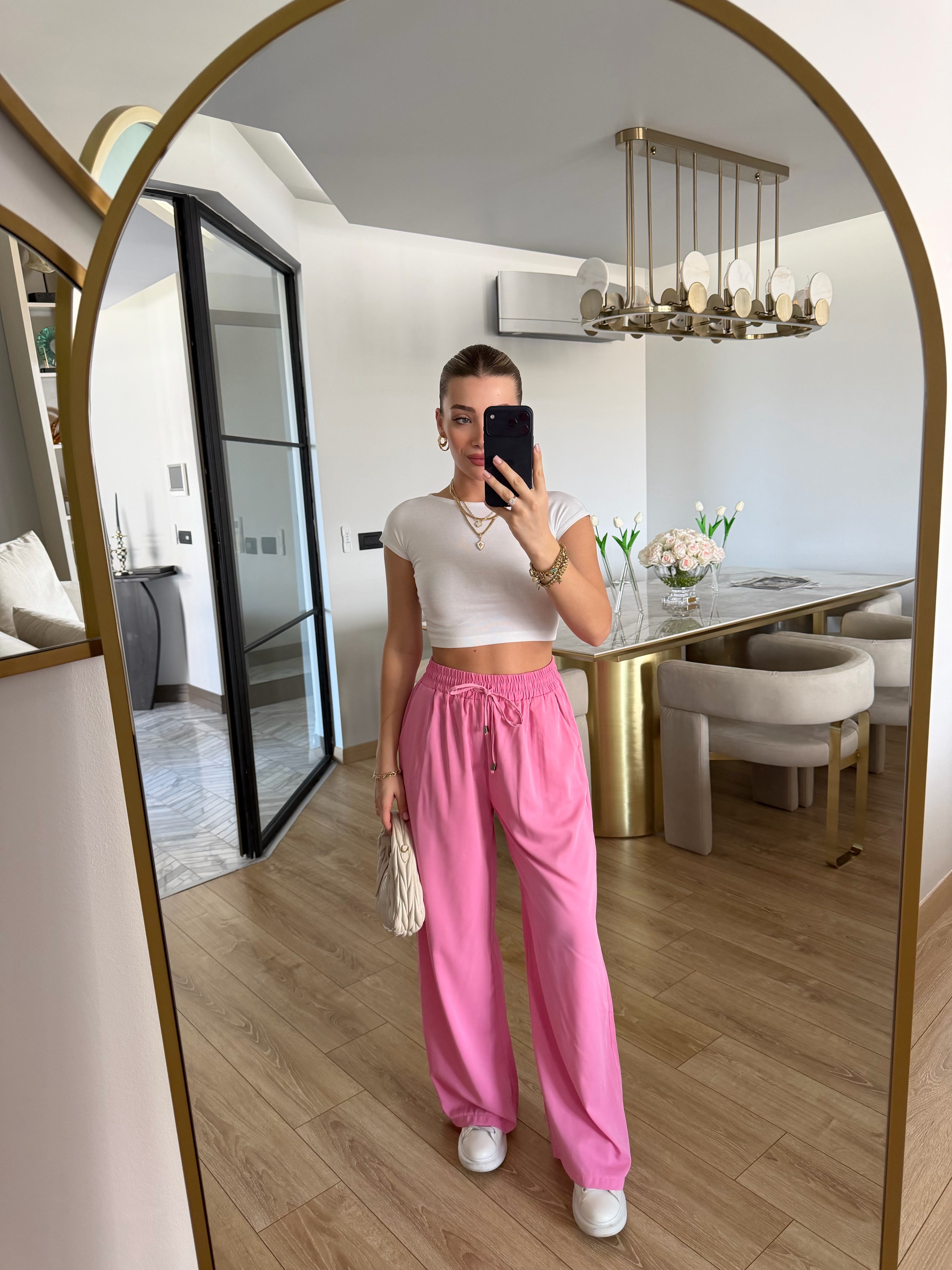 Yüksekbel Beli Lastikli Palazzo Pantolon- Pembe 