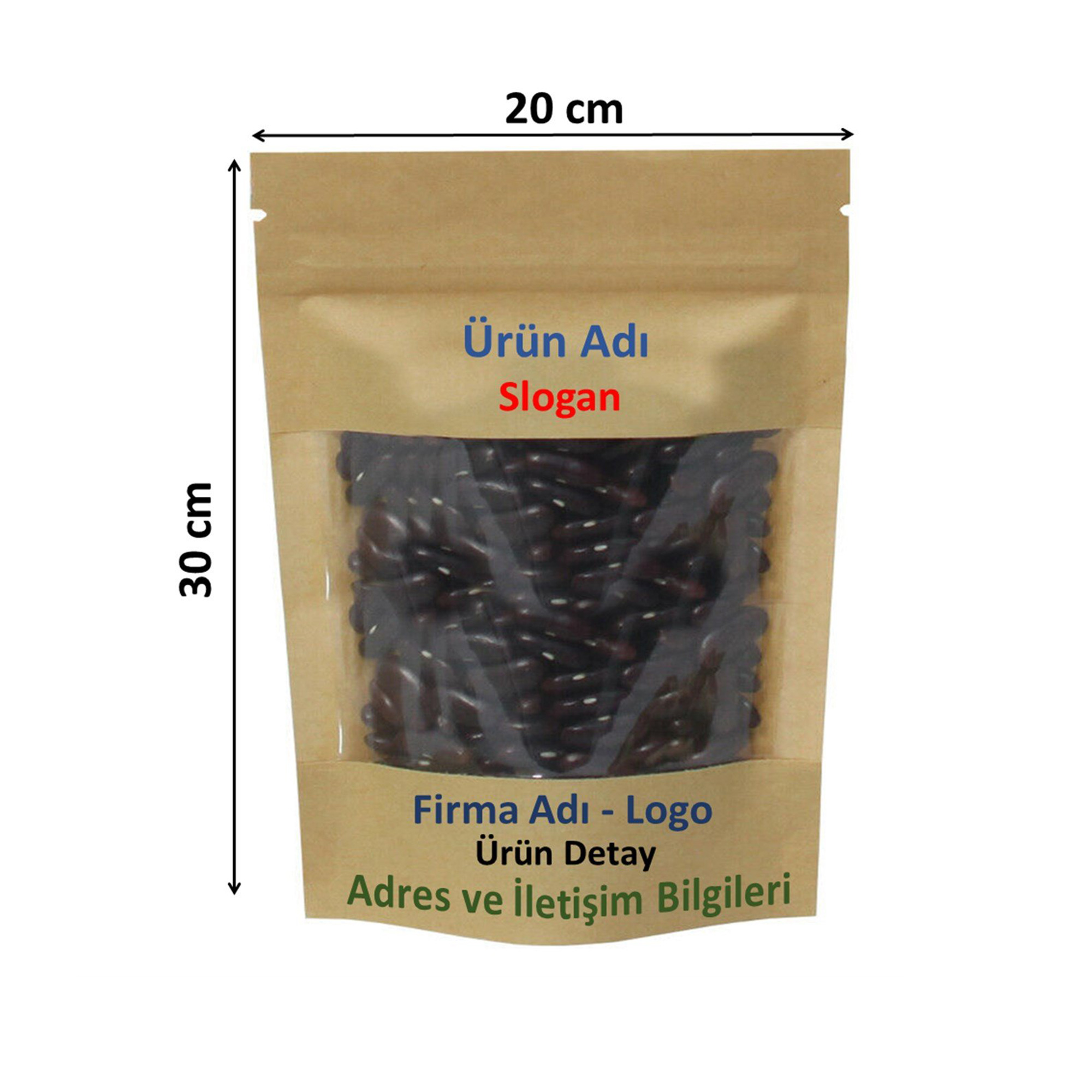 Firma Baskılı Kraft Geniş Pencereli Kilitli Doypack 20x30x10 cm