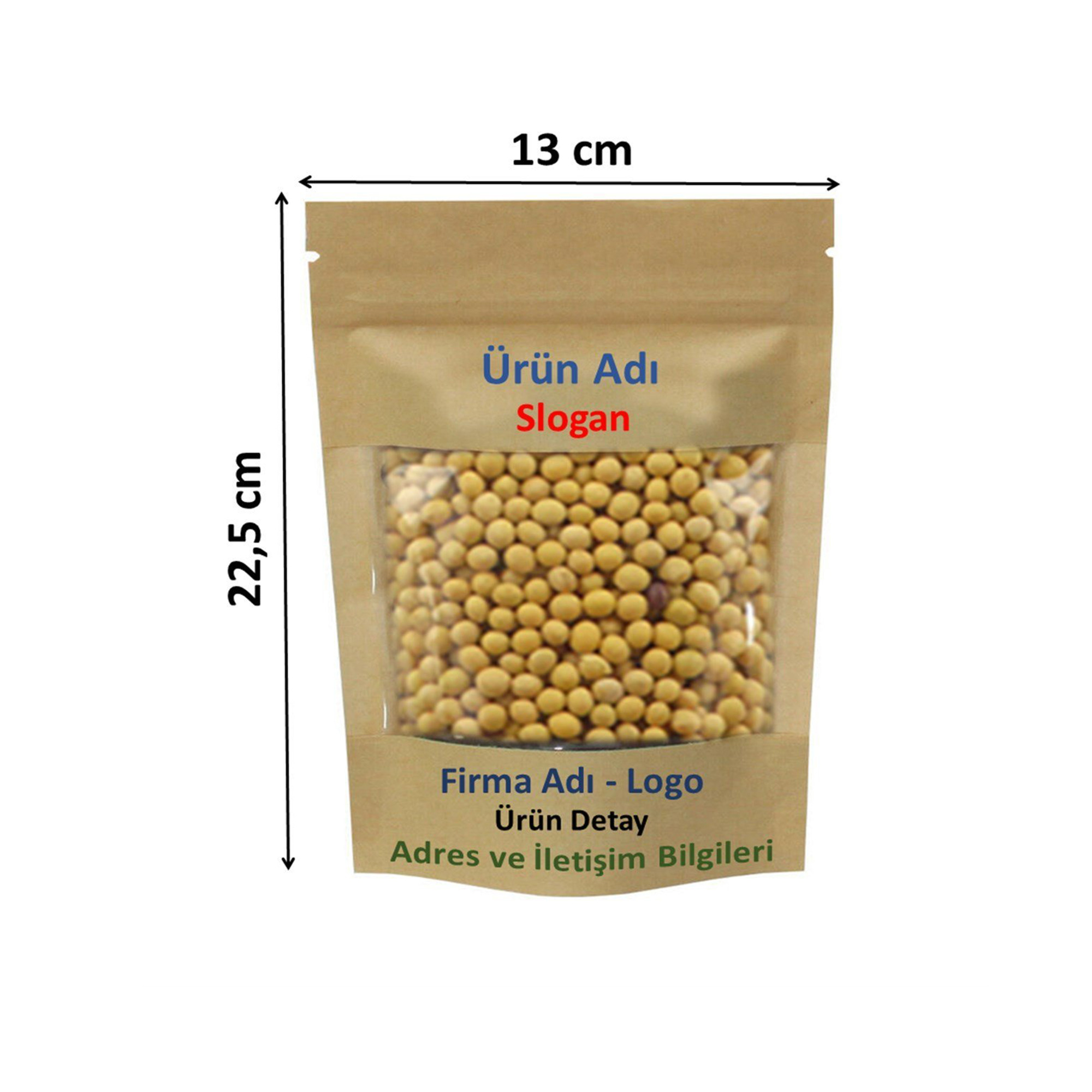 Firma Baskılı Kraft Geniş Pencereli Kilitli Doypack 13x22,5x7