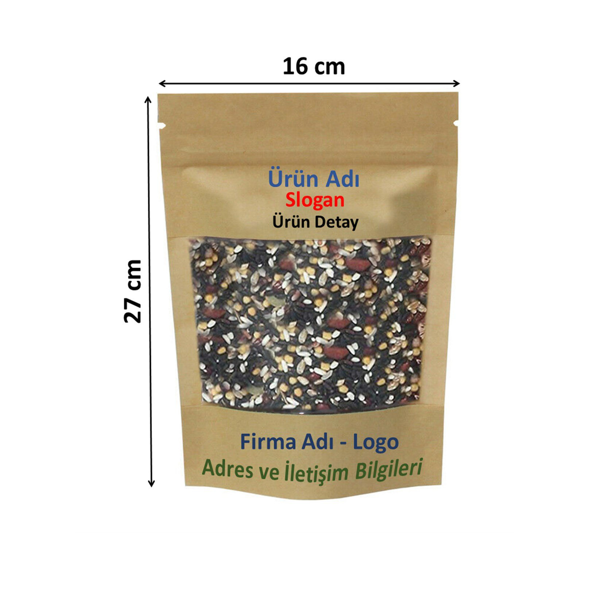 Firma Baskılı Kraft Geniş Pencereli Kilitli Doypack 16x27x8 cm