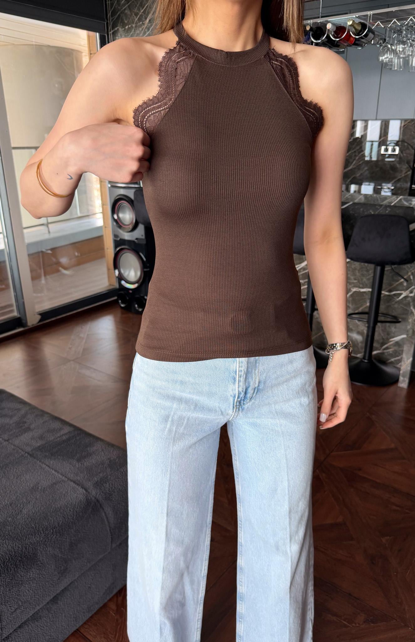 Halter Yaka Dantelli Burgulu Atlet KAHVERENGİ