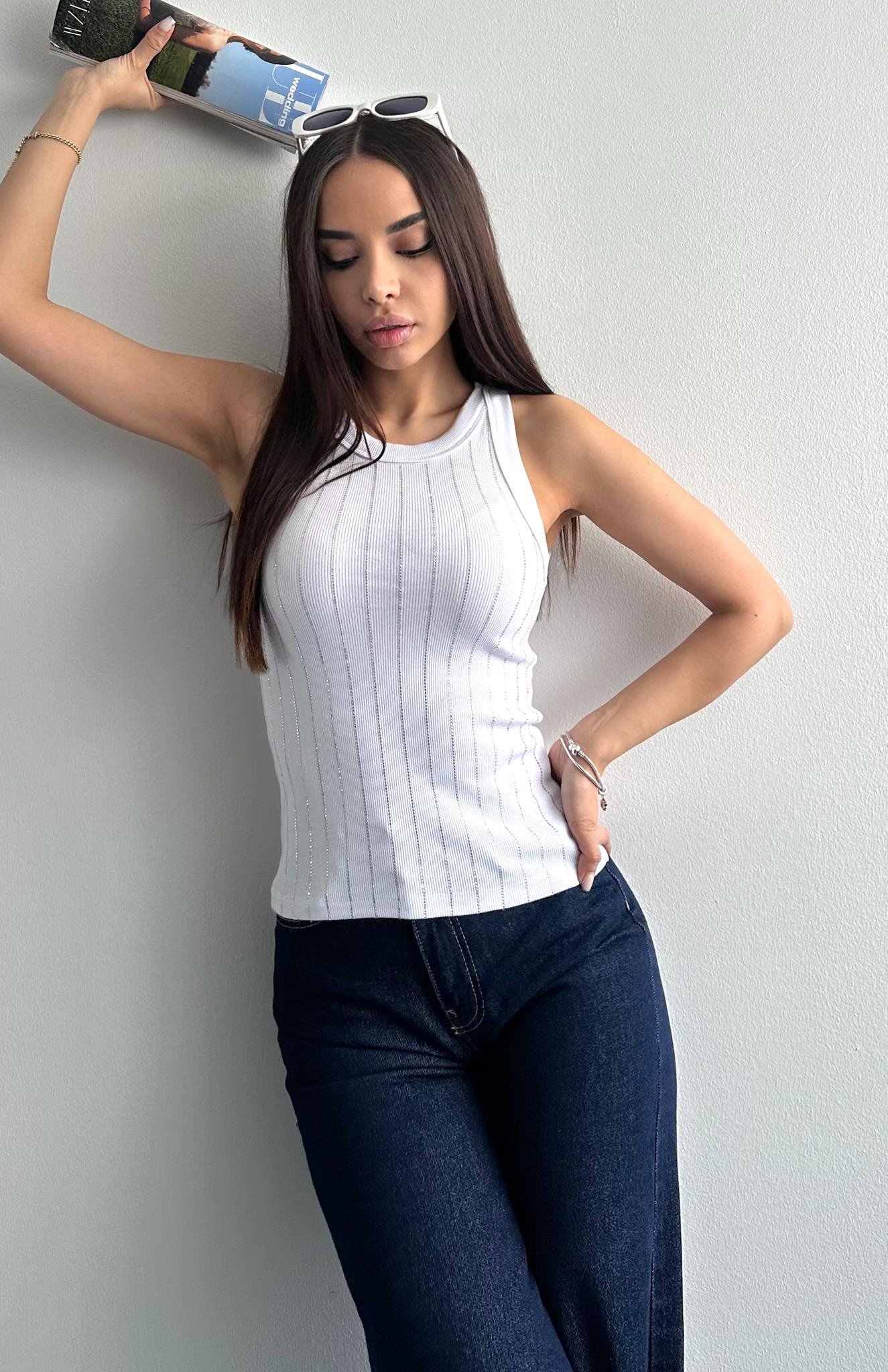 Halter Yaka Taş Baskılı Atlet BEYAZ