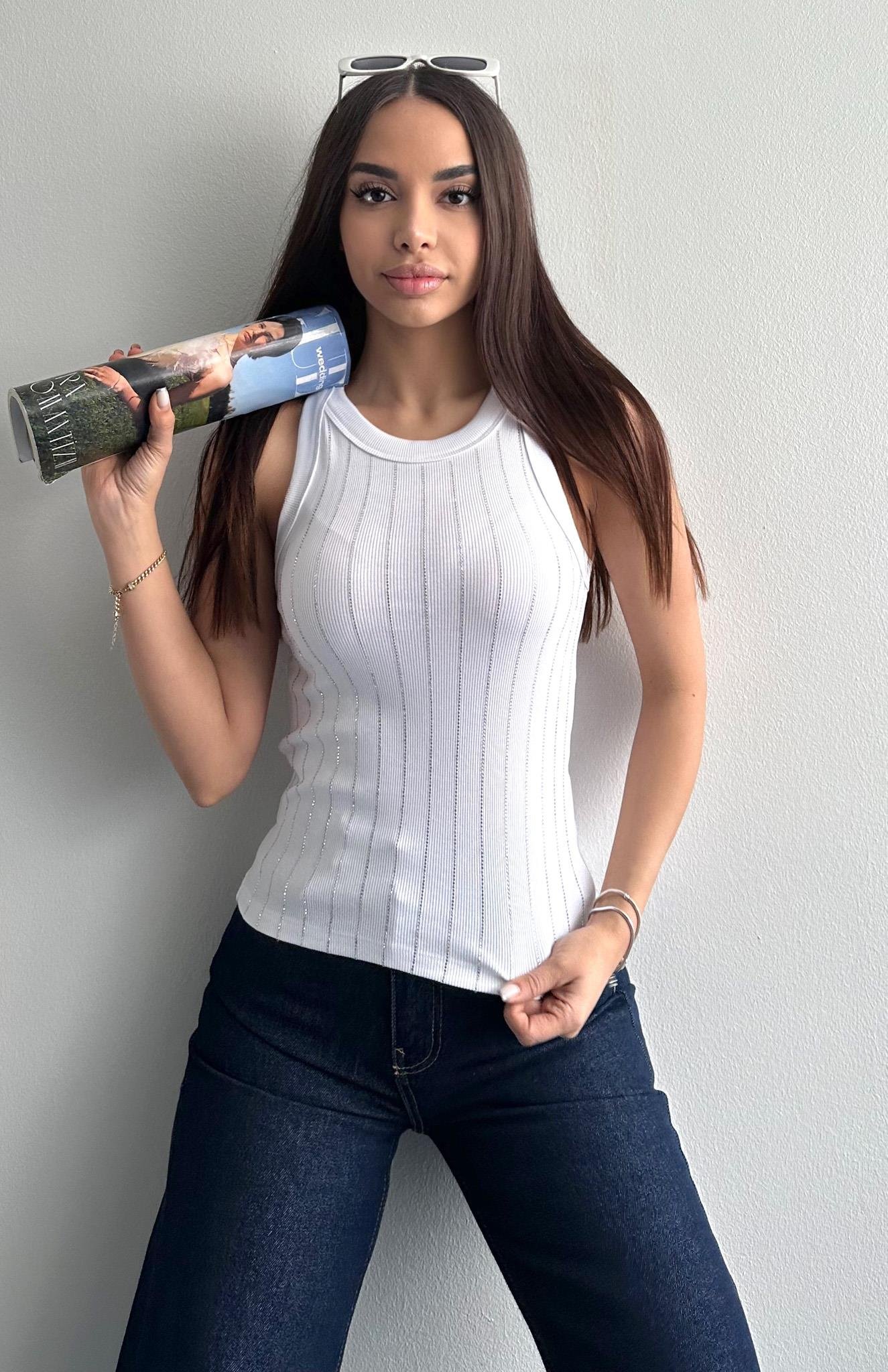 Halter Yaka Taş Baskılı Atlet BEYAZ