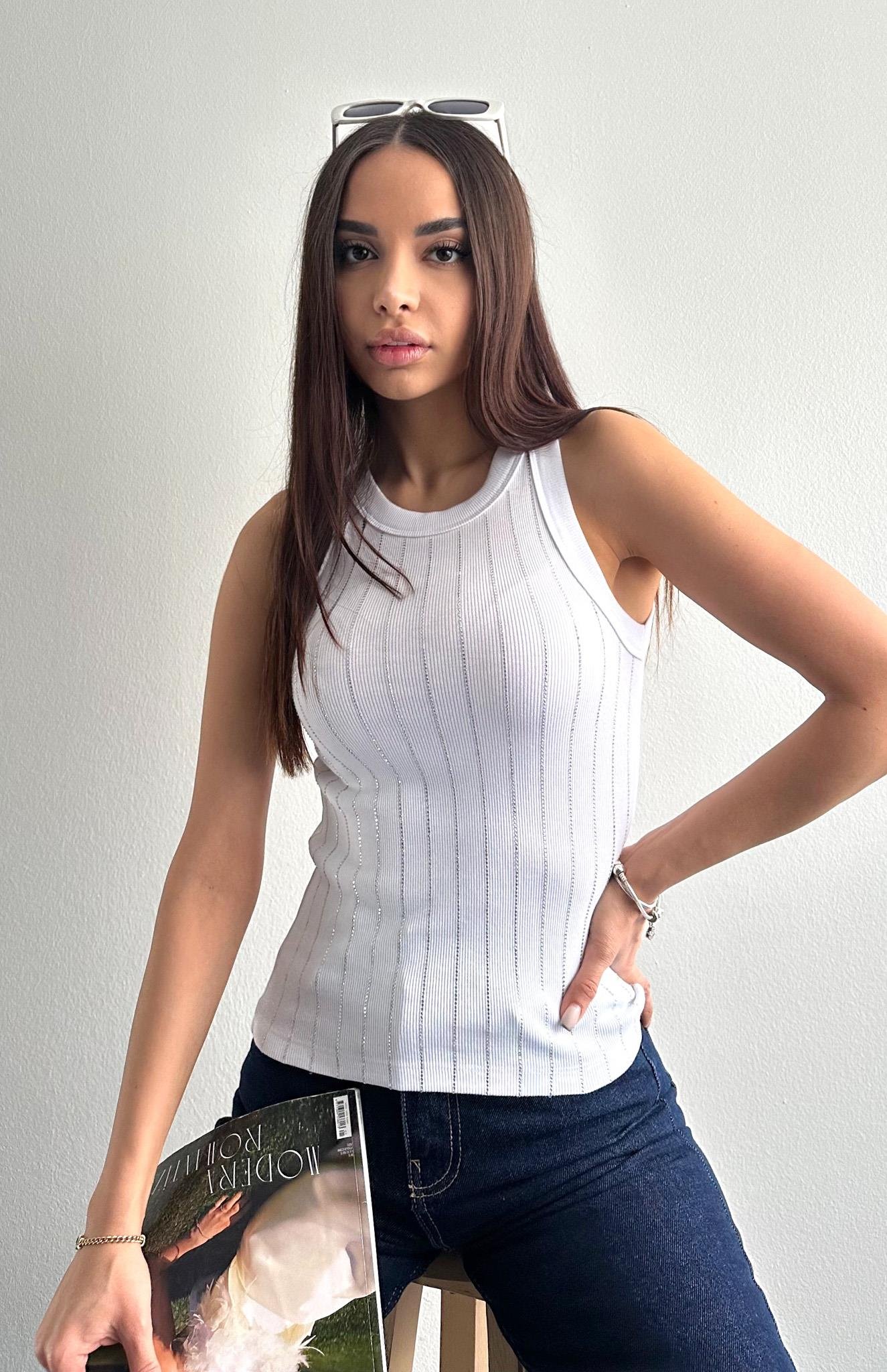 Halter Yaka Taş Baskılı Atlet BEYAZ