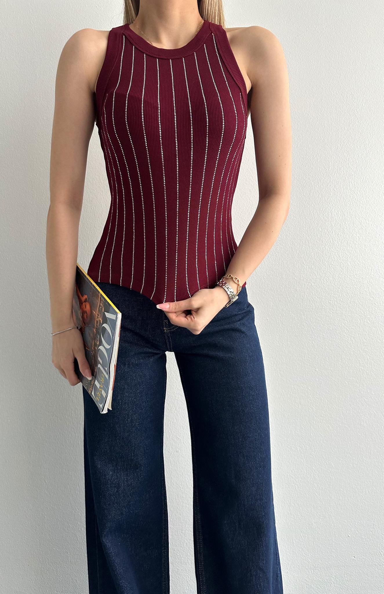 Halter Yaka Taş Baskılı Atlet BORDO