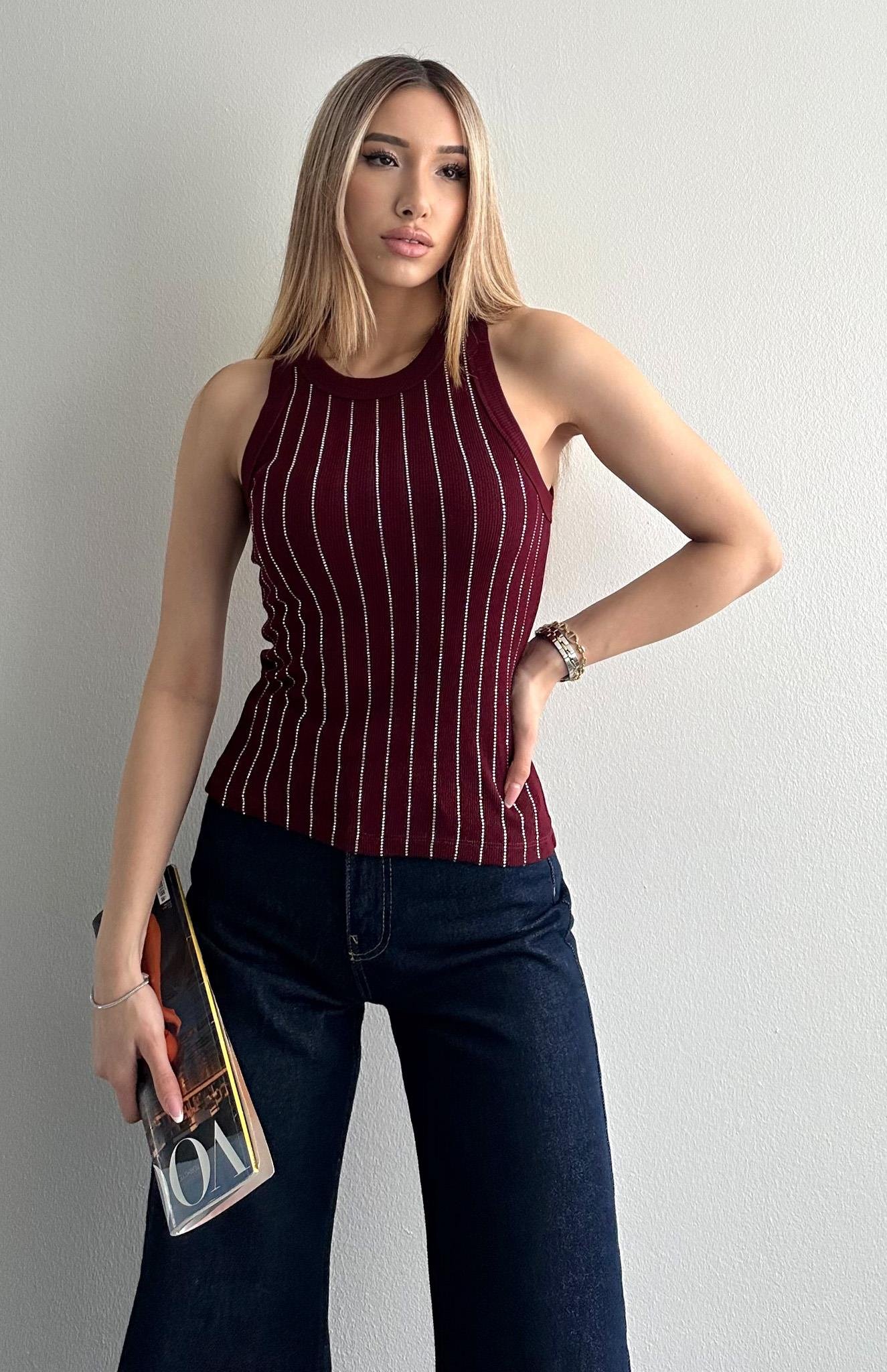 Halter Yaka Taş Baskılı Atlet BORDO