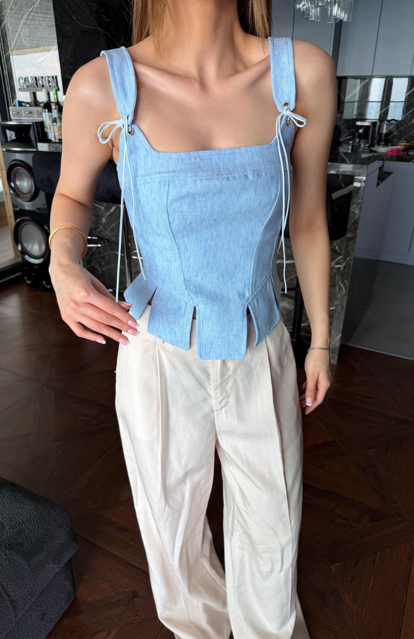 Askı Detaylı Korse Bluz MAVİ