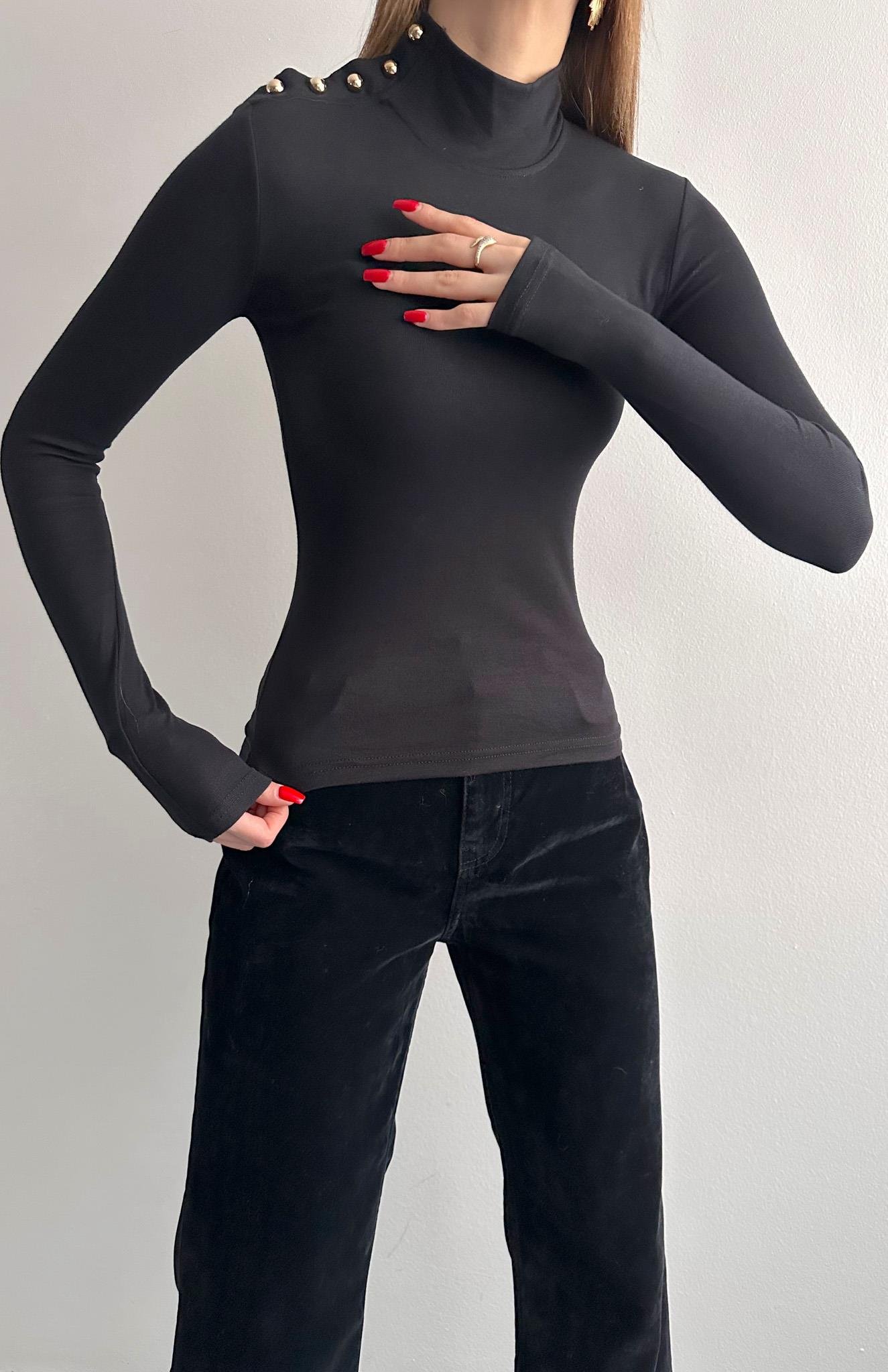 Balıkçı Yaka Patlı Bluz SİYAH