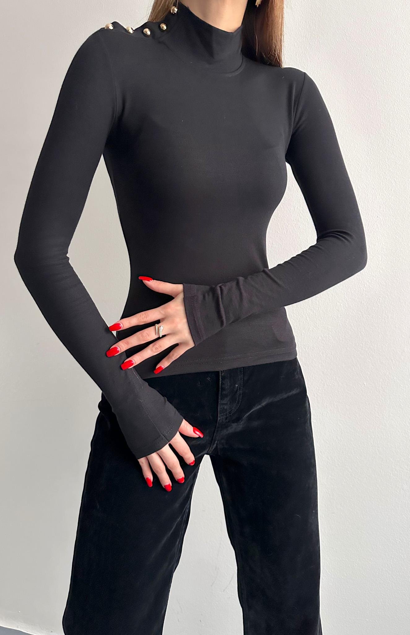 Balıkçı Yaka Patlı Bluz SİYAH