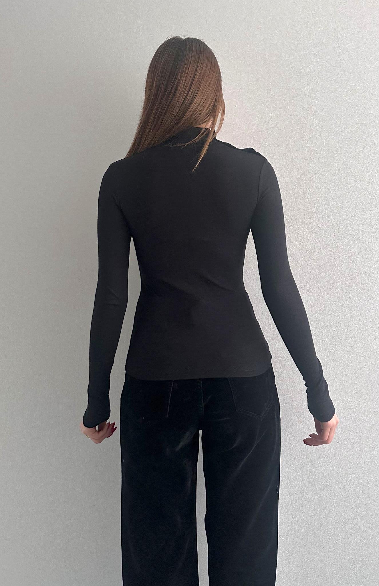 Balıkçı Yaka Patlı Bluz SİYAH