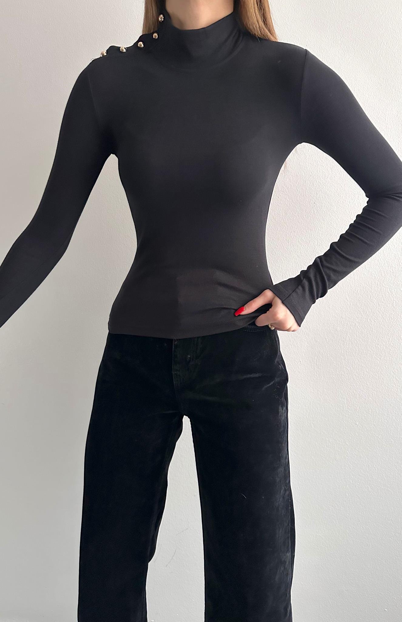 Balıkçı Yaka Patlı Bluz SİYAH