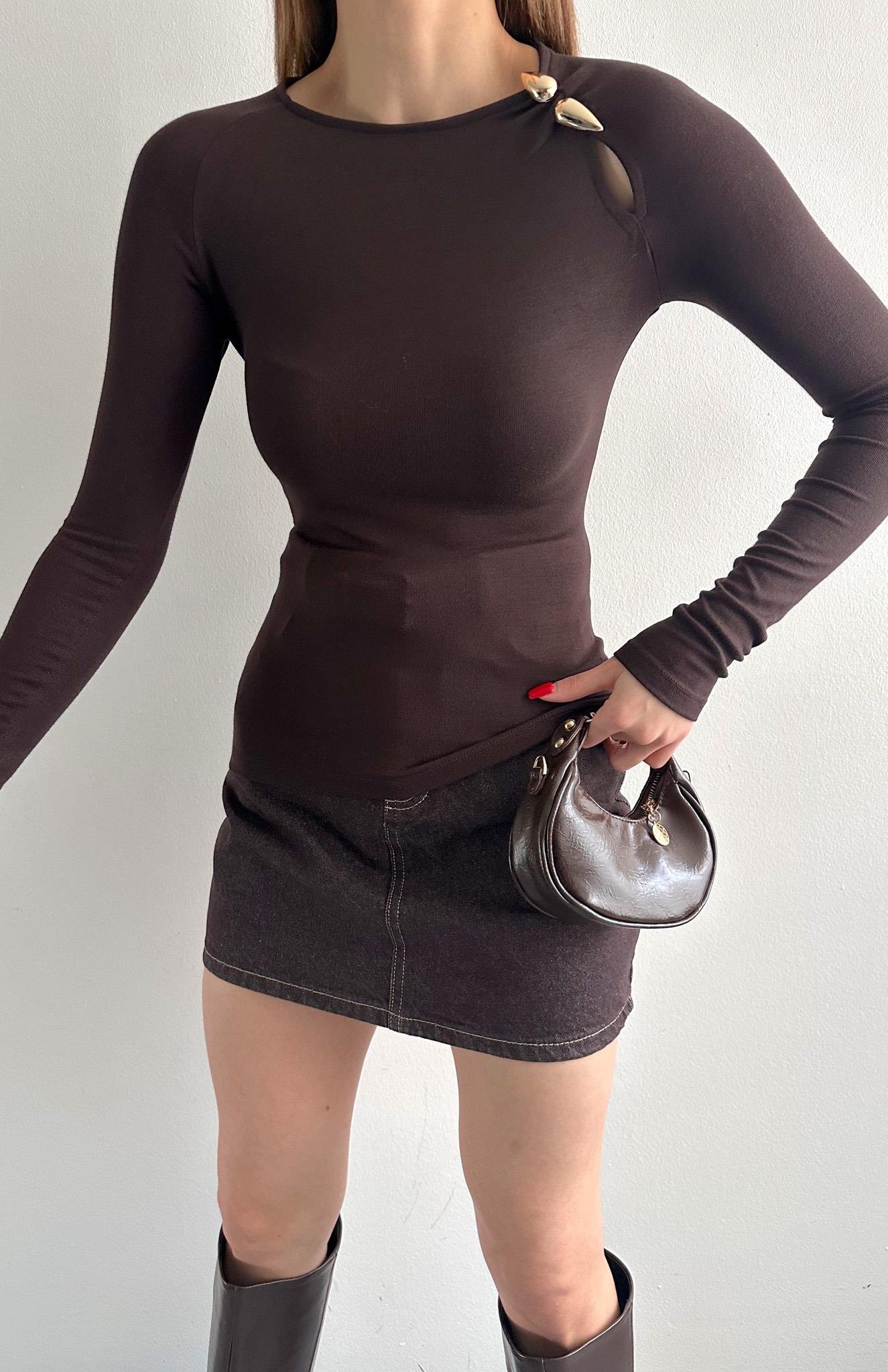 Damla Aksesuarlı Bluz KAHVERENGİ