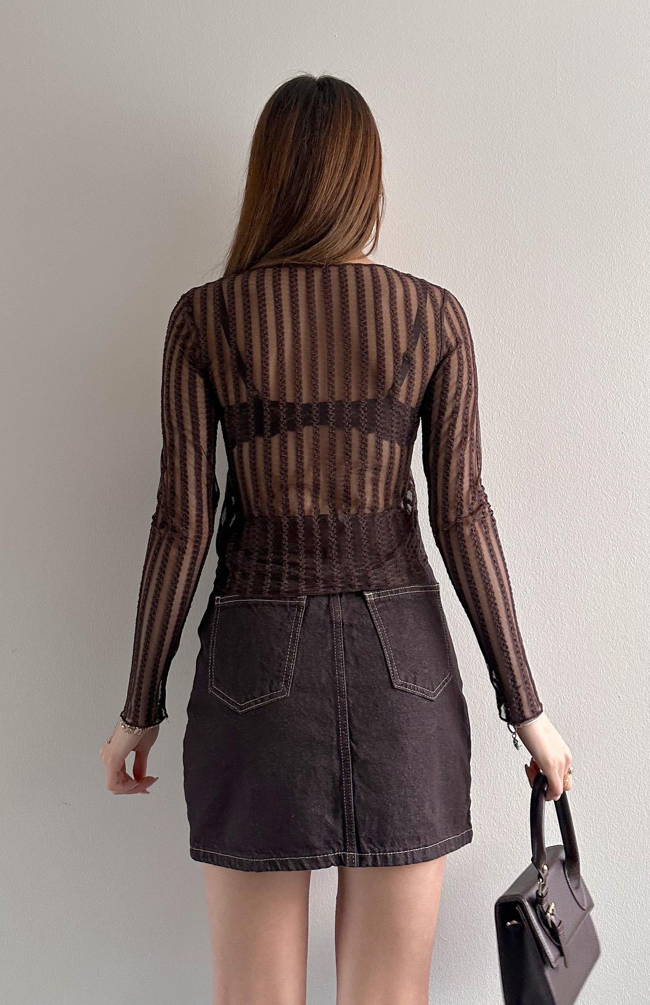 Dik Yaka Tül Bluz KAHVERENGİ