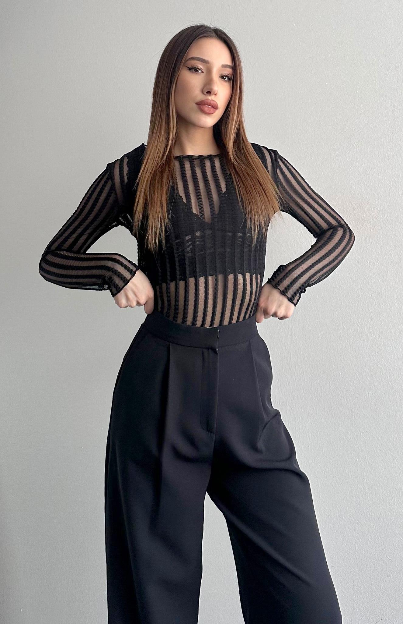 Dik Yaka Tül Bluz SİYAH