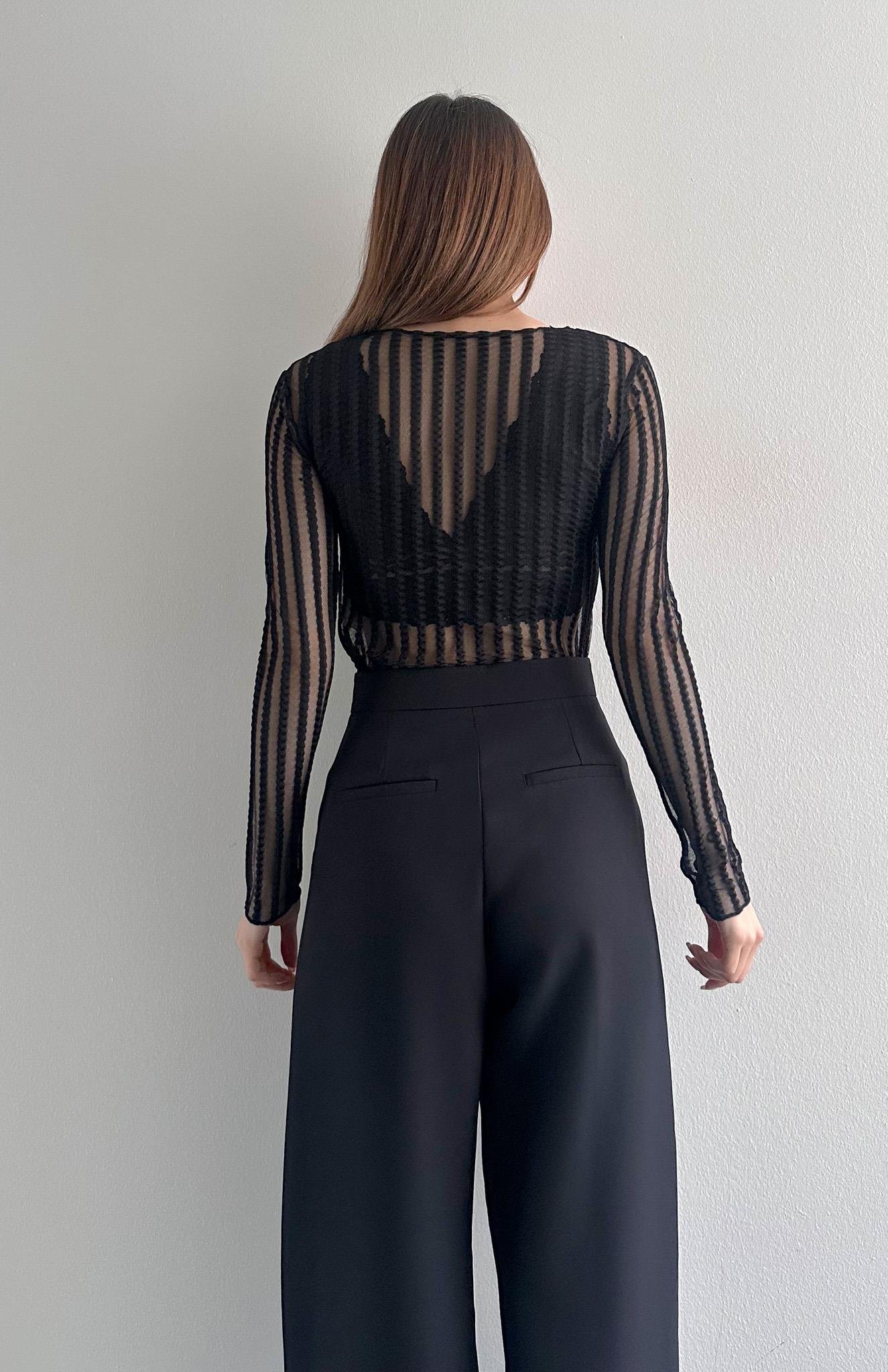 Dik Yaka Tül Bluz SİYAH