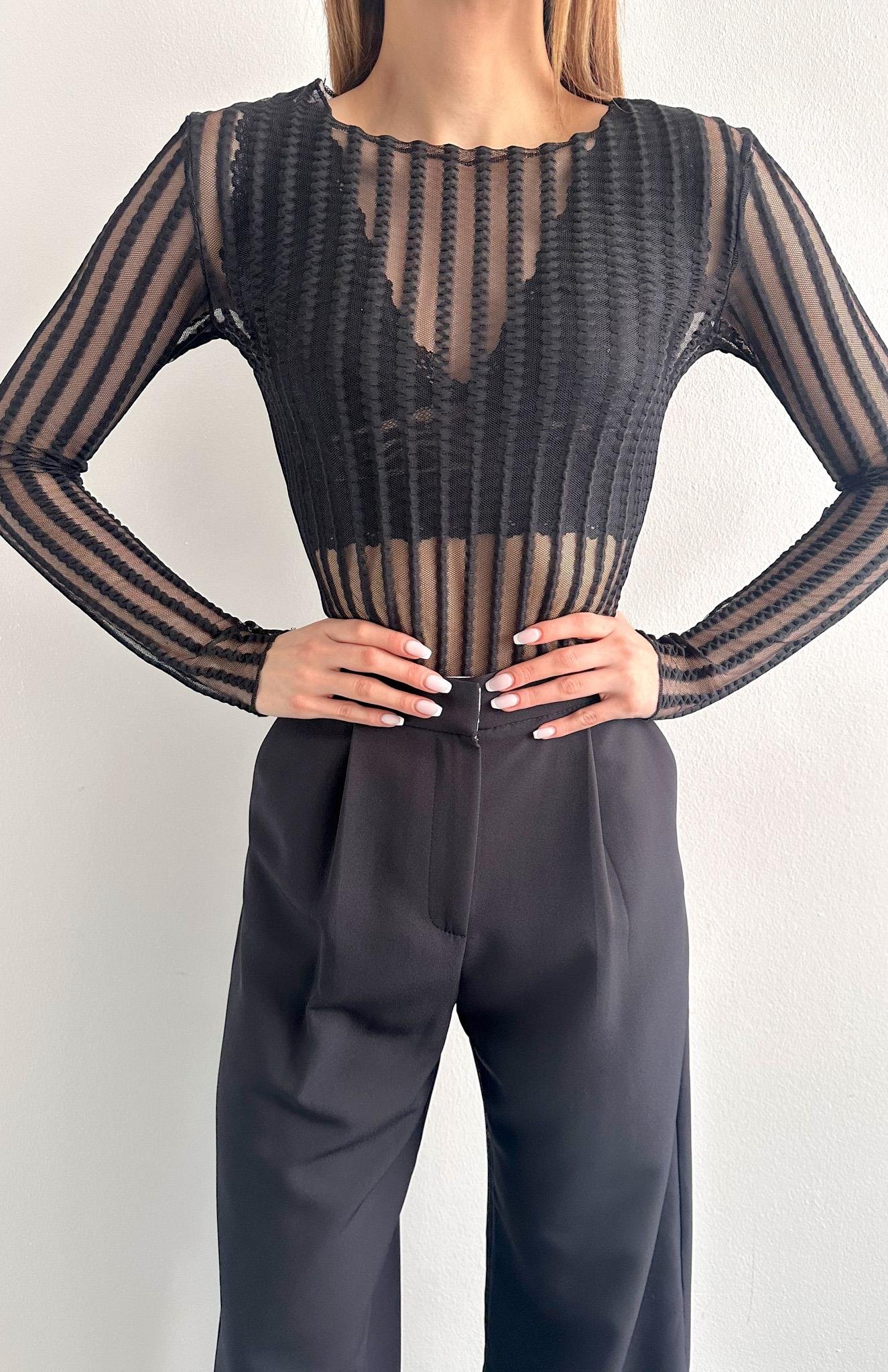 Dik Yaka Tül Bluz SİYAH