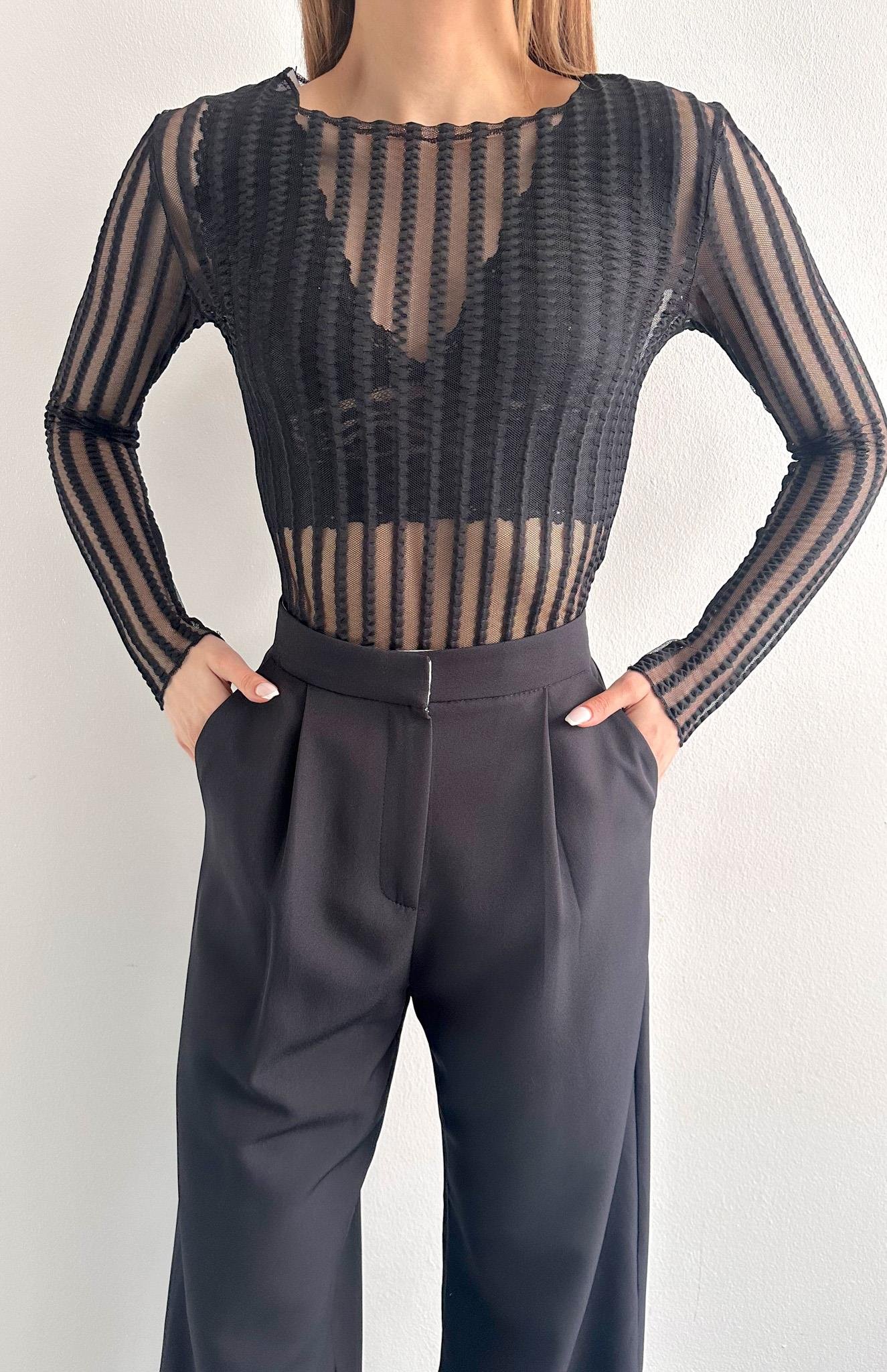 Dik Yaka Tül Bluz SİYAH