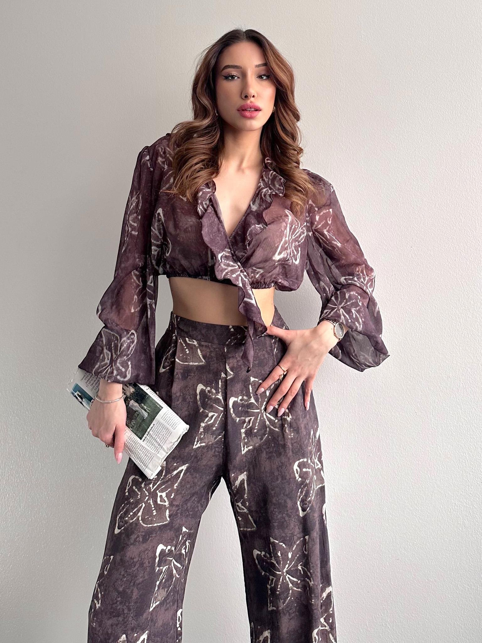 Fırfır Detaylı Bluz KAHVERENGİ