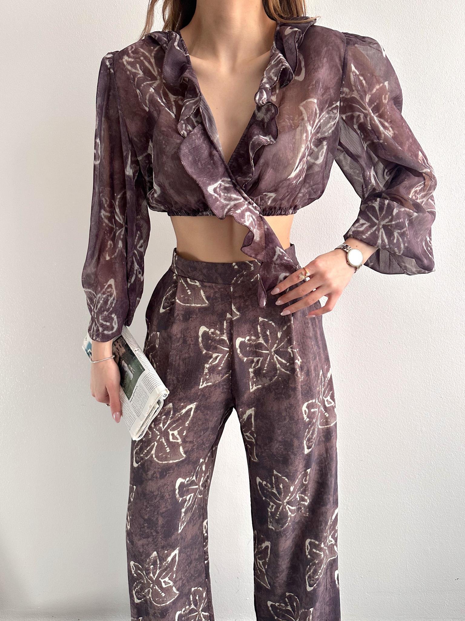 Fırfır Detaylı Bluz KAHVERENGİ