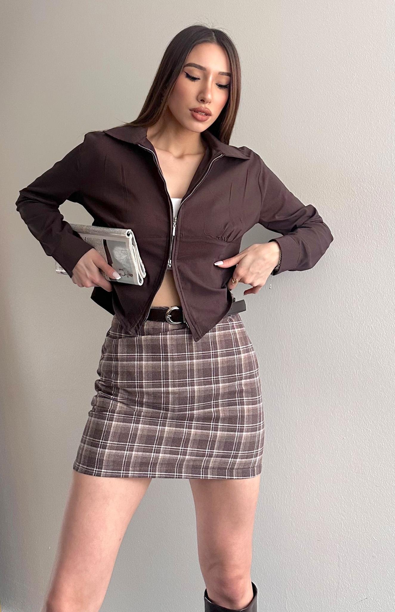 Göğüs Büzgü Detaylı Fermuarlı Bluz KAHVERENGİ