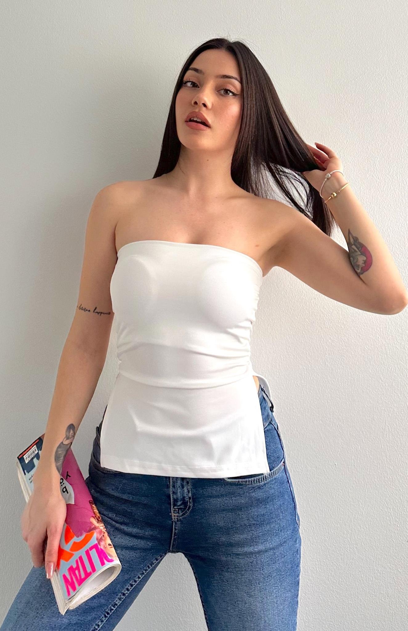 Kaplı Yırtmaçlı Büzgülü Bluz BEYAZ