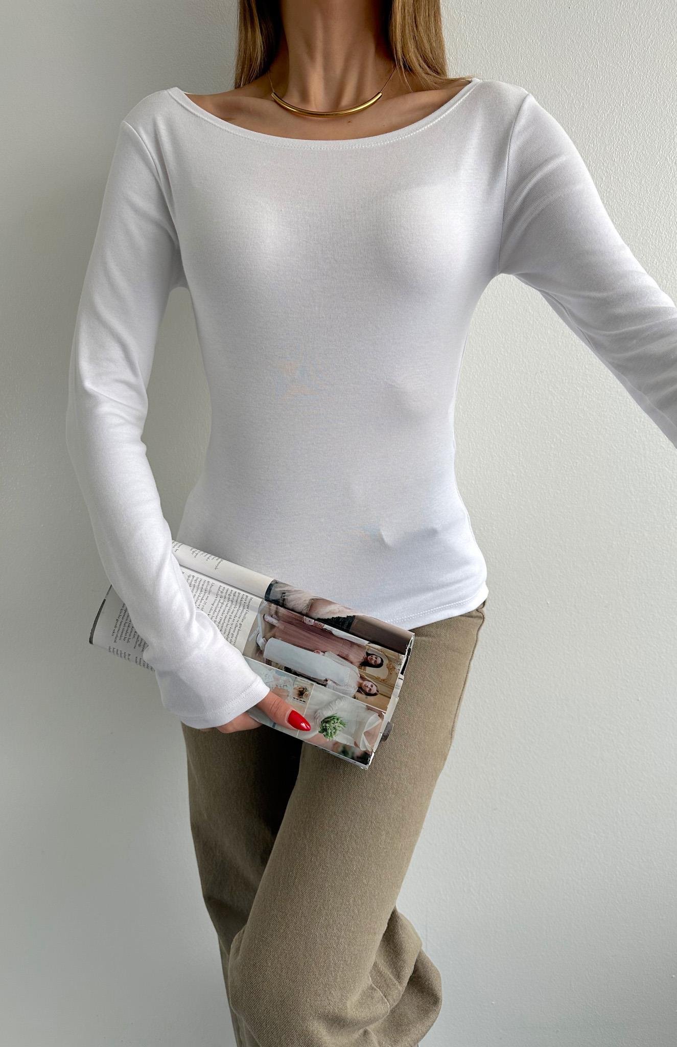 Kayık Yaka Bluz BEYAZ