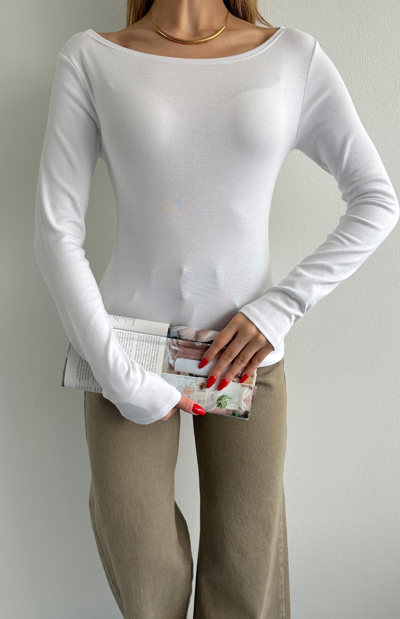 Kayık Yaka Bluz BEYAZ