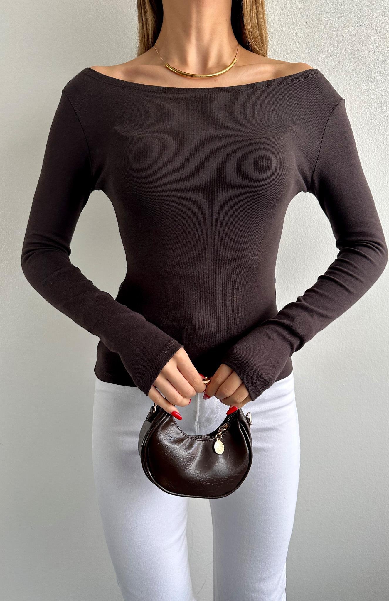 Kayık Yaka Bluz KOYU KAHVE