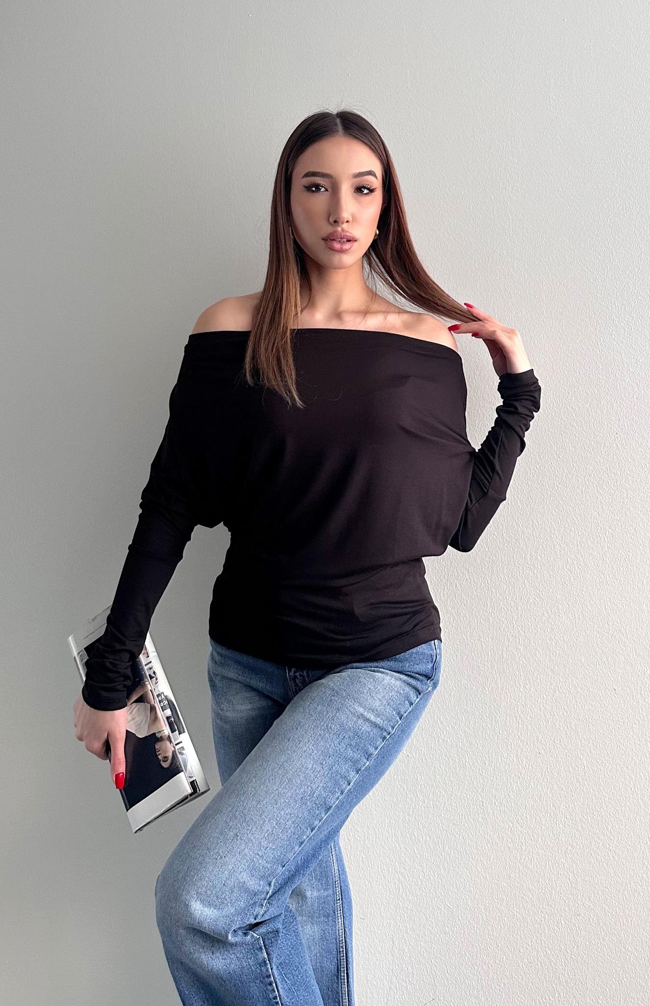 Kayık Yaka Bluz SİYAH