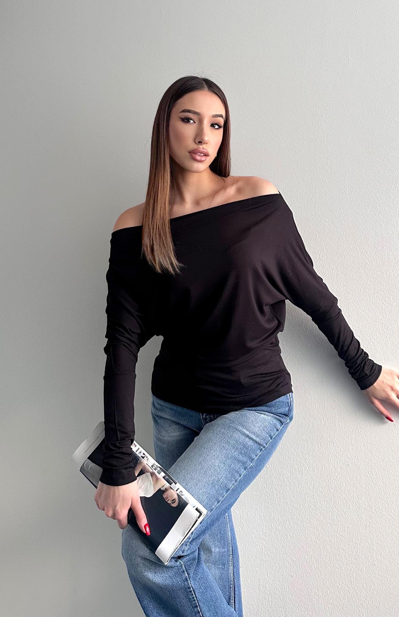 Kayık Yaka Bluz SİYAH