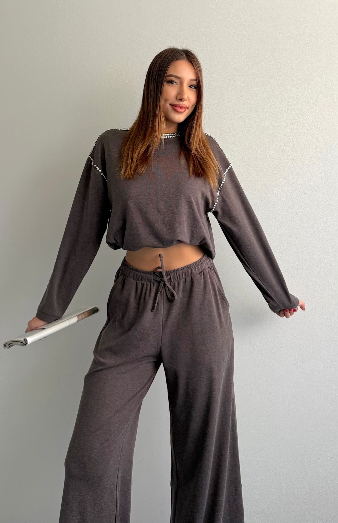 Taşlı Örme Bluz KAHVERENGİ