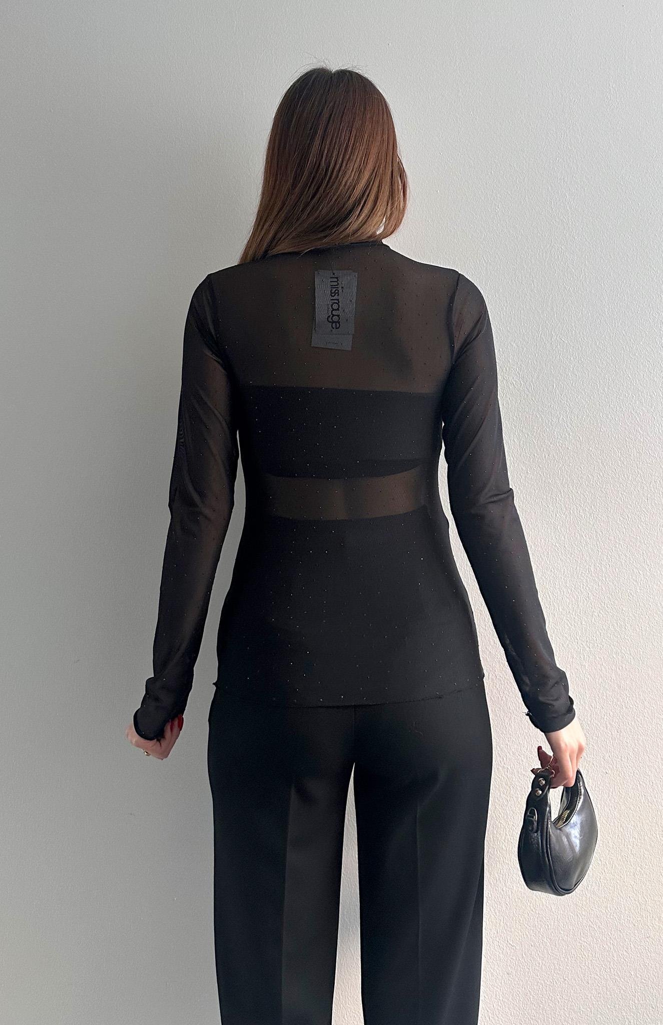 Transparan Taşlı Bluz SİYAH