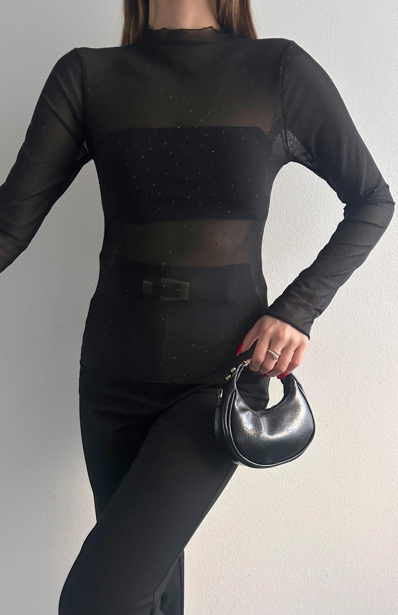 Transparan Taşlı Bluz SİYAH