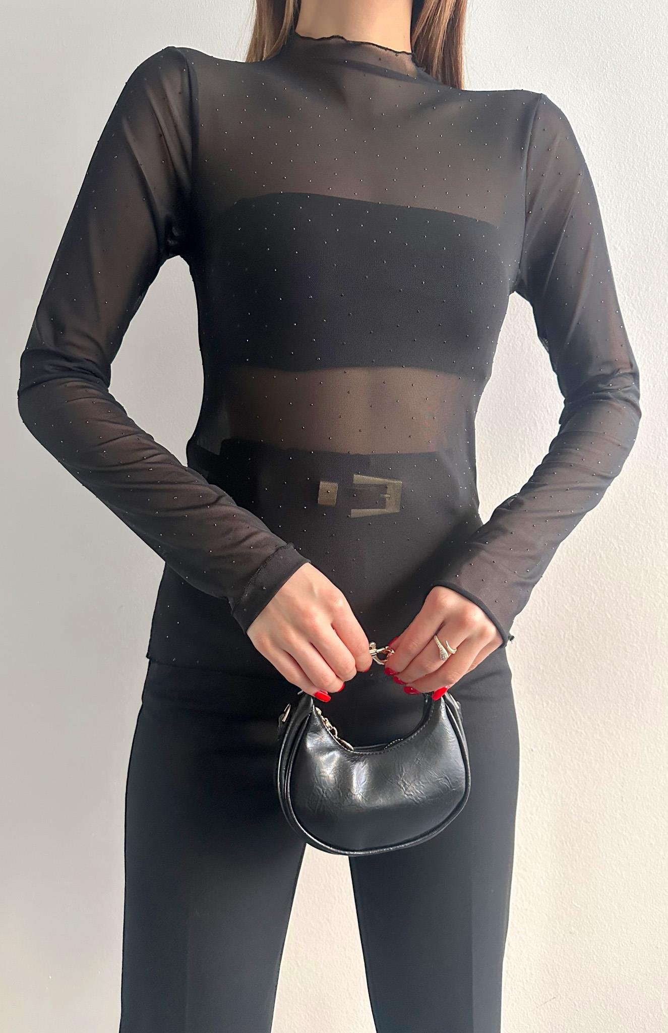 Transparan Taşlı Bluz SİYAH