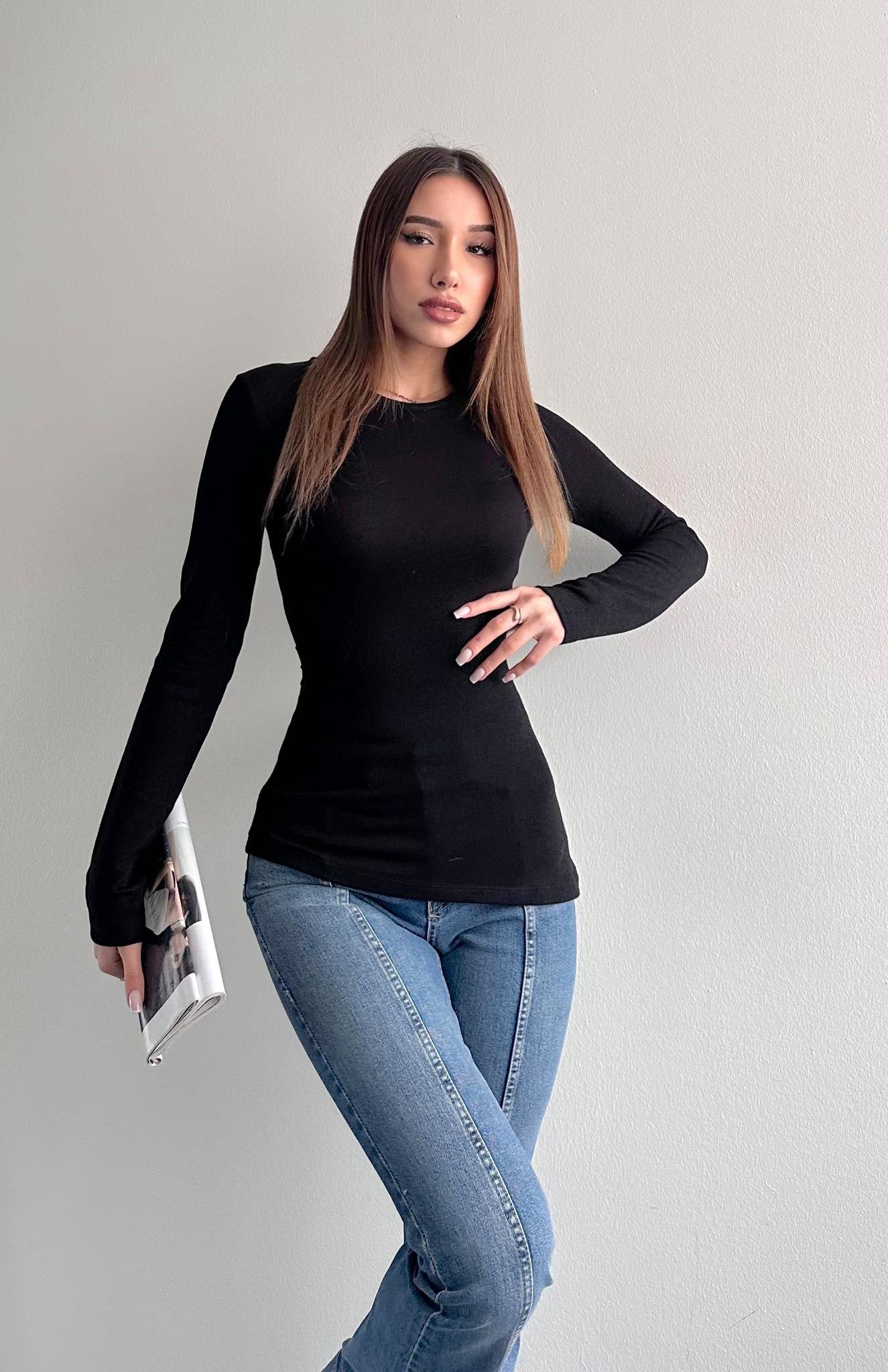 Uzun Kollu Büzgülü Bluz SİYAH