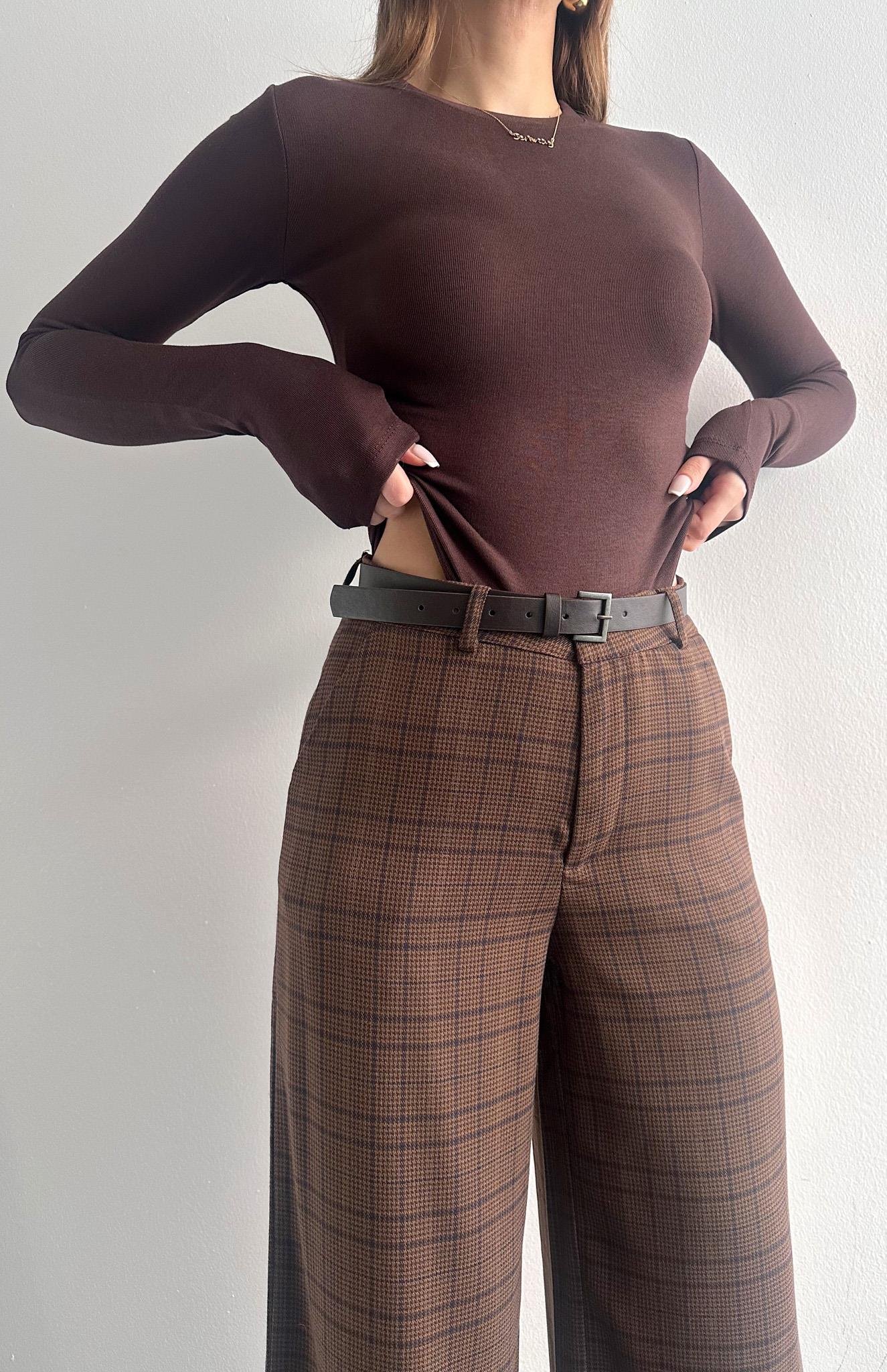 Uzun Kollu Zıbınlı Bluz KAHVERENGİ