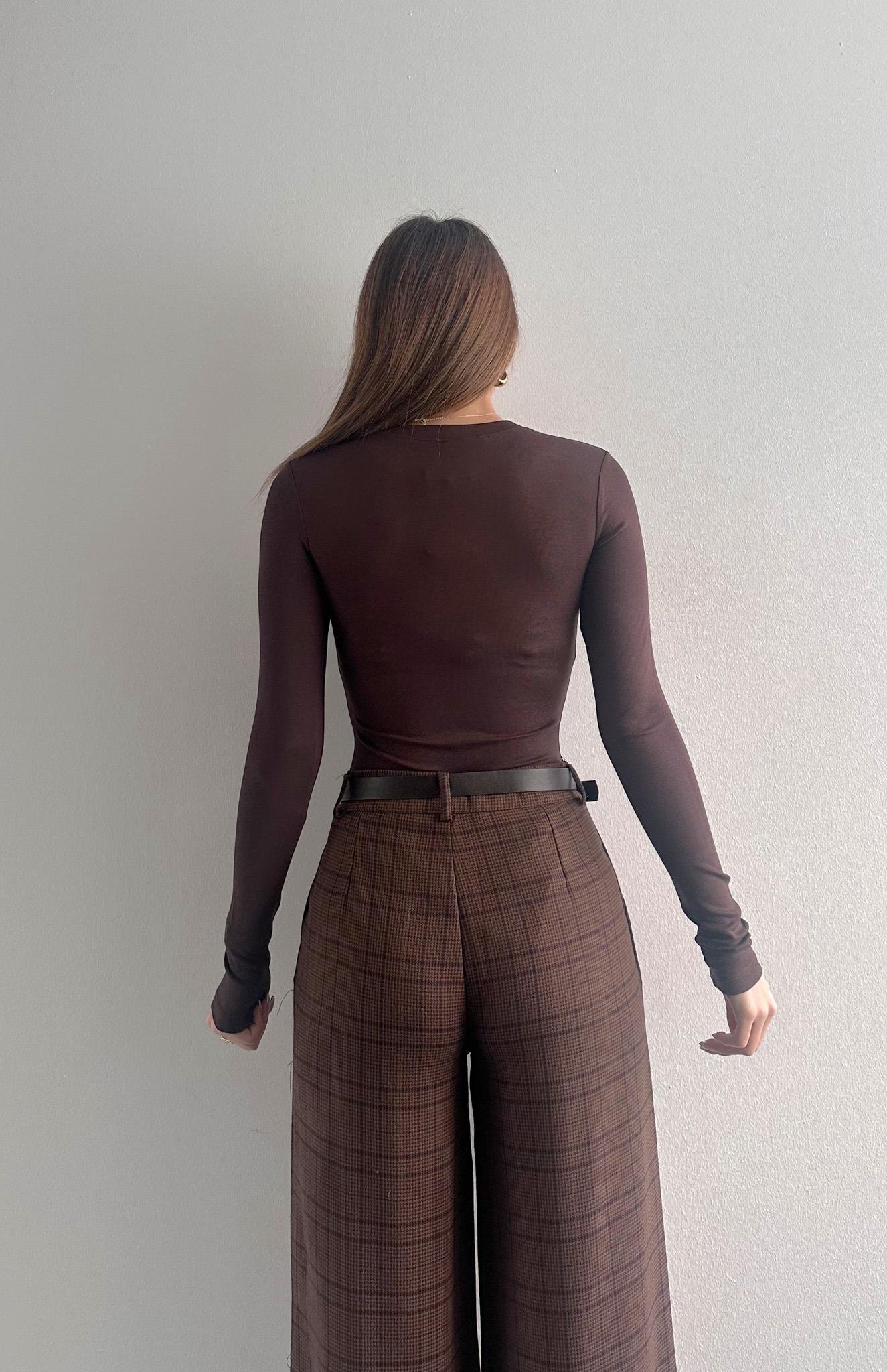 Uzun Kollu Zıbınlı Bluz KAHVERENGİ