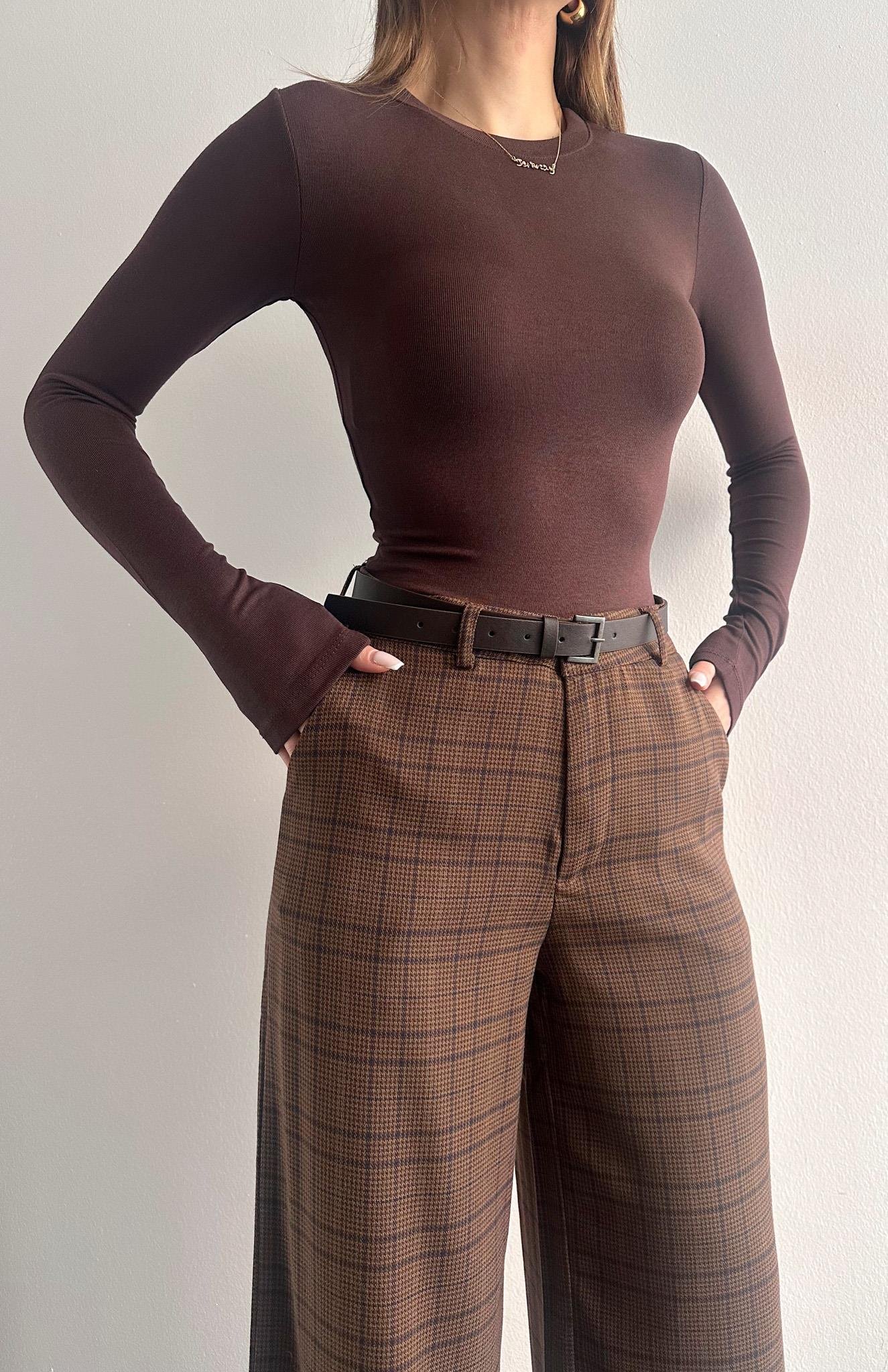 Uzun Kollu Zıbınlı Bluz KAHVERENGİ