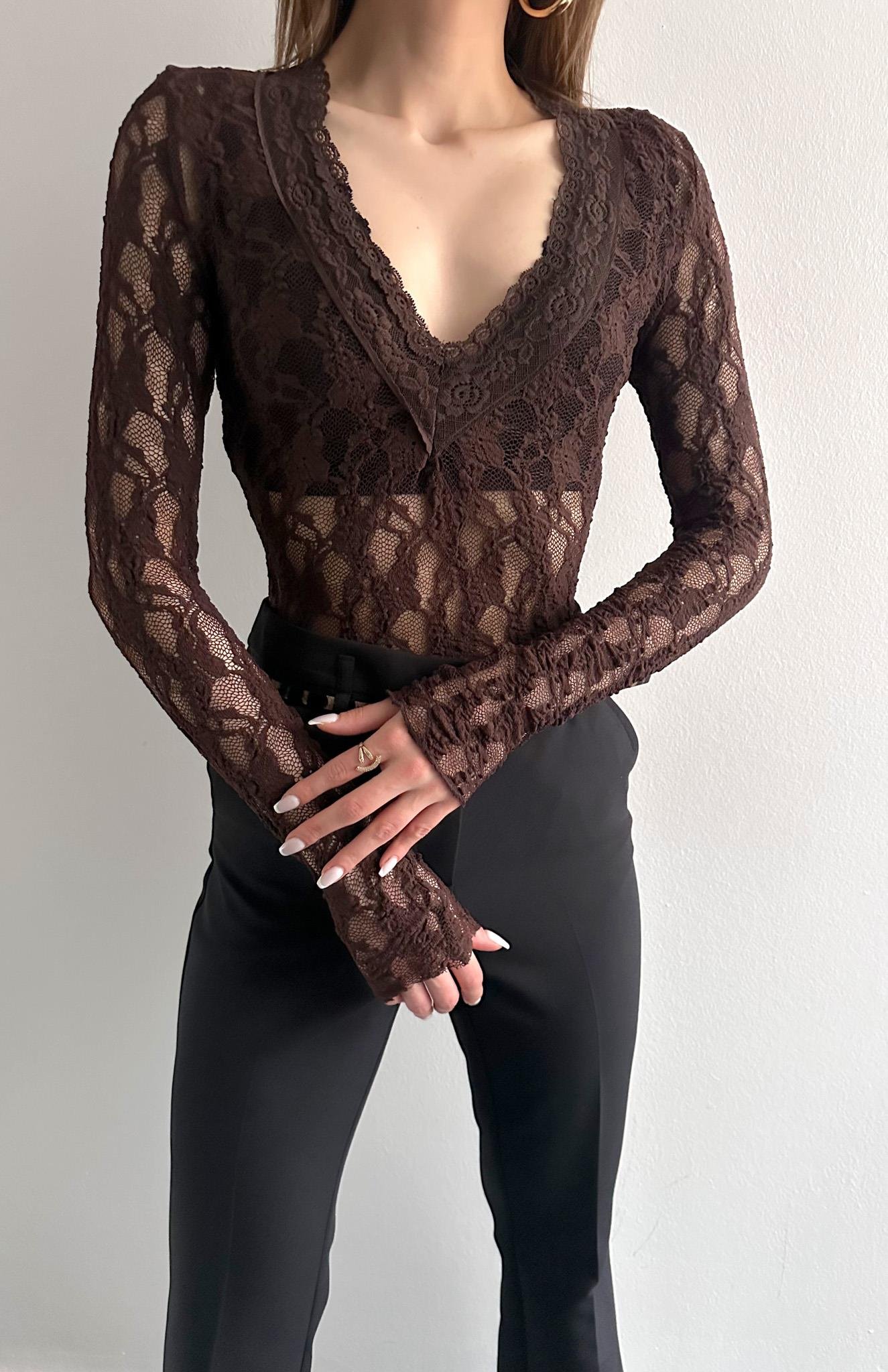 V Yaka Dantelli Bluz KAHVERENGİ