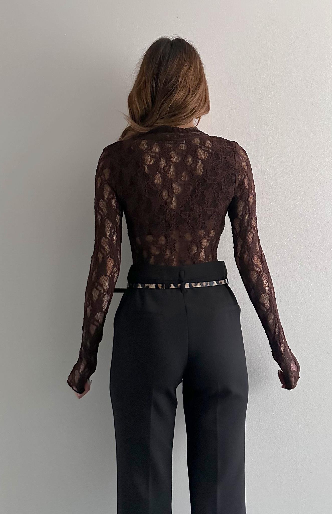 V Yaka Dantelli Bluz KAHVERENGİ