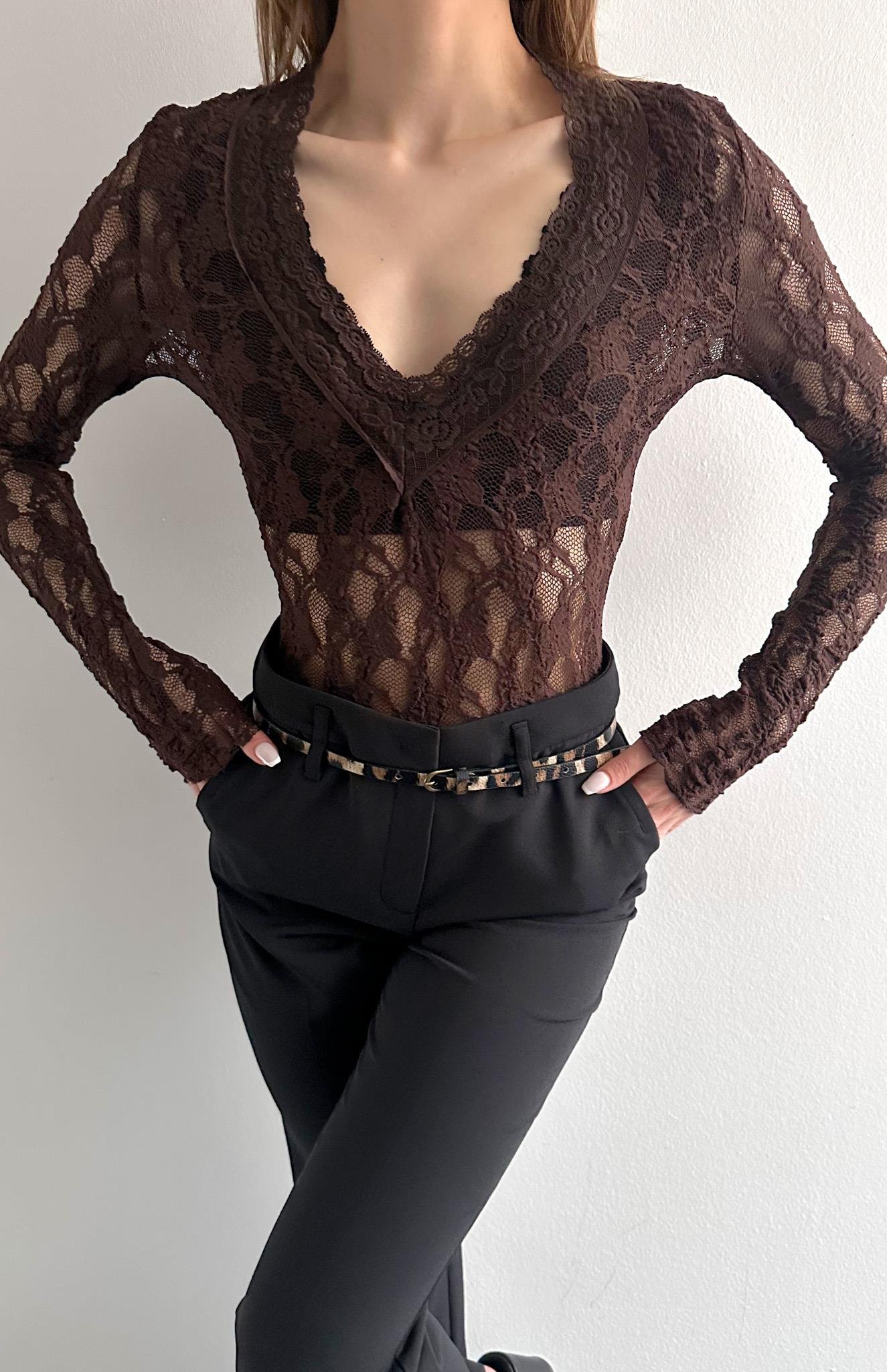 V Yaka Dantelli Bluz KAHVERENGİ