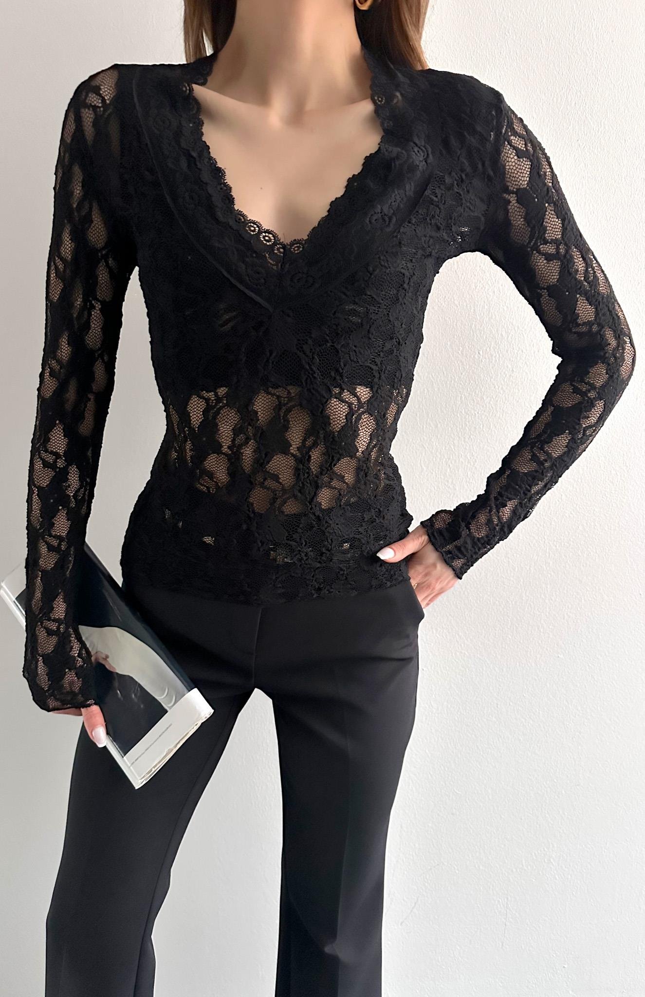 V Yaka Dantelli Bluz SİYAH