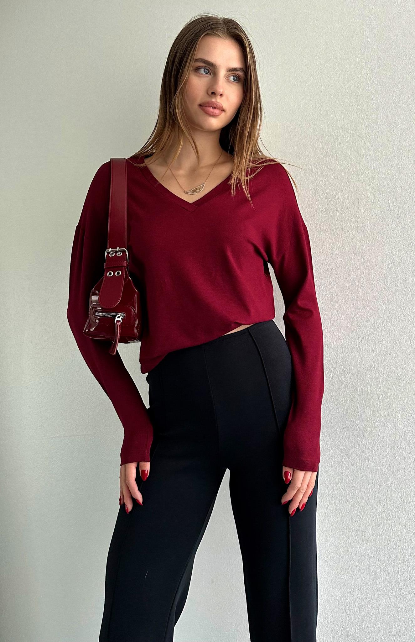 V Yaka Uzun Kollu Bluz BORDO