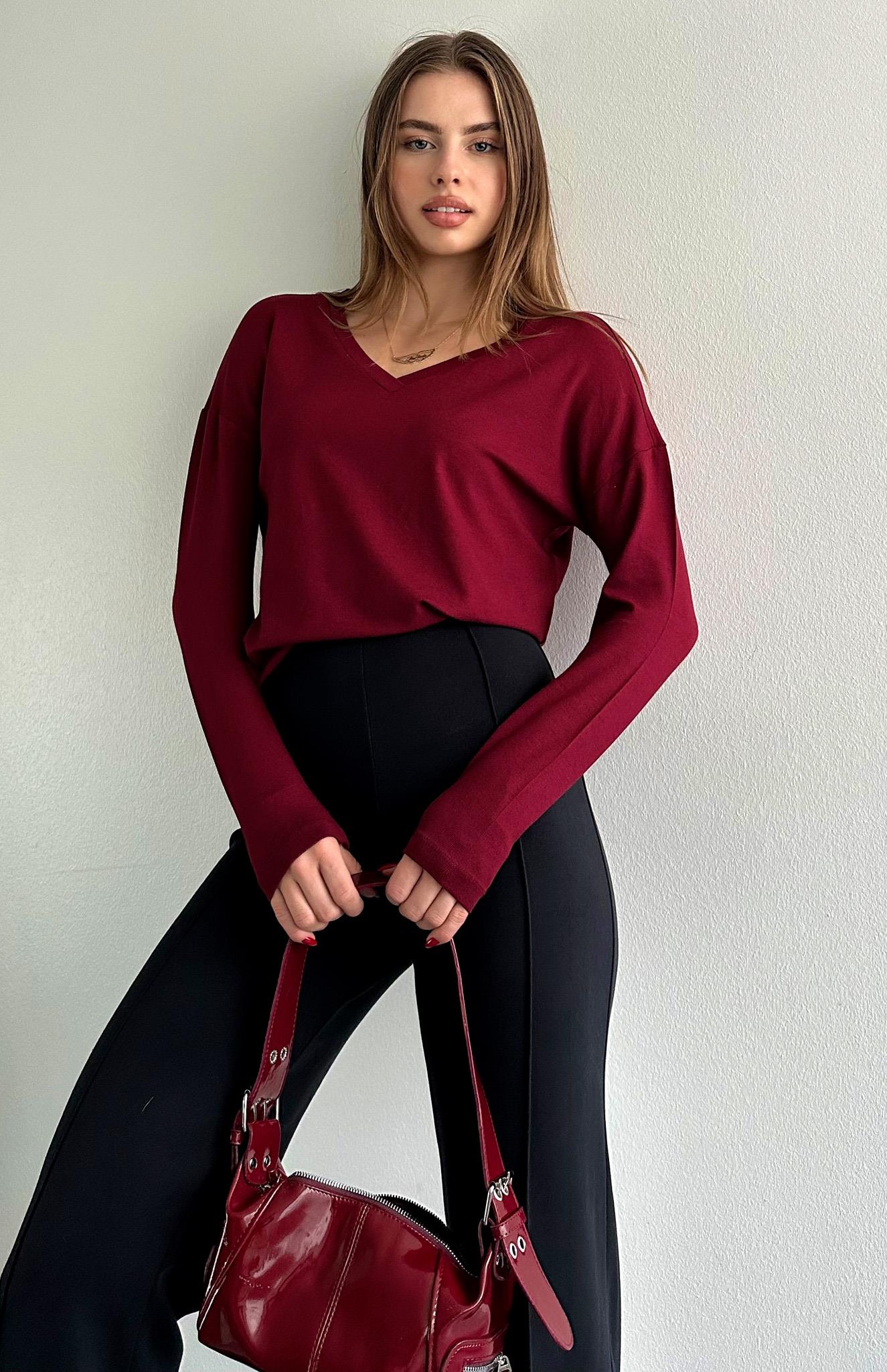 V Yaka Uzun Kollu Bluz BORDO