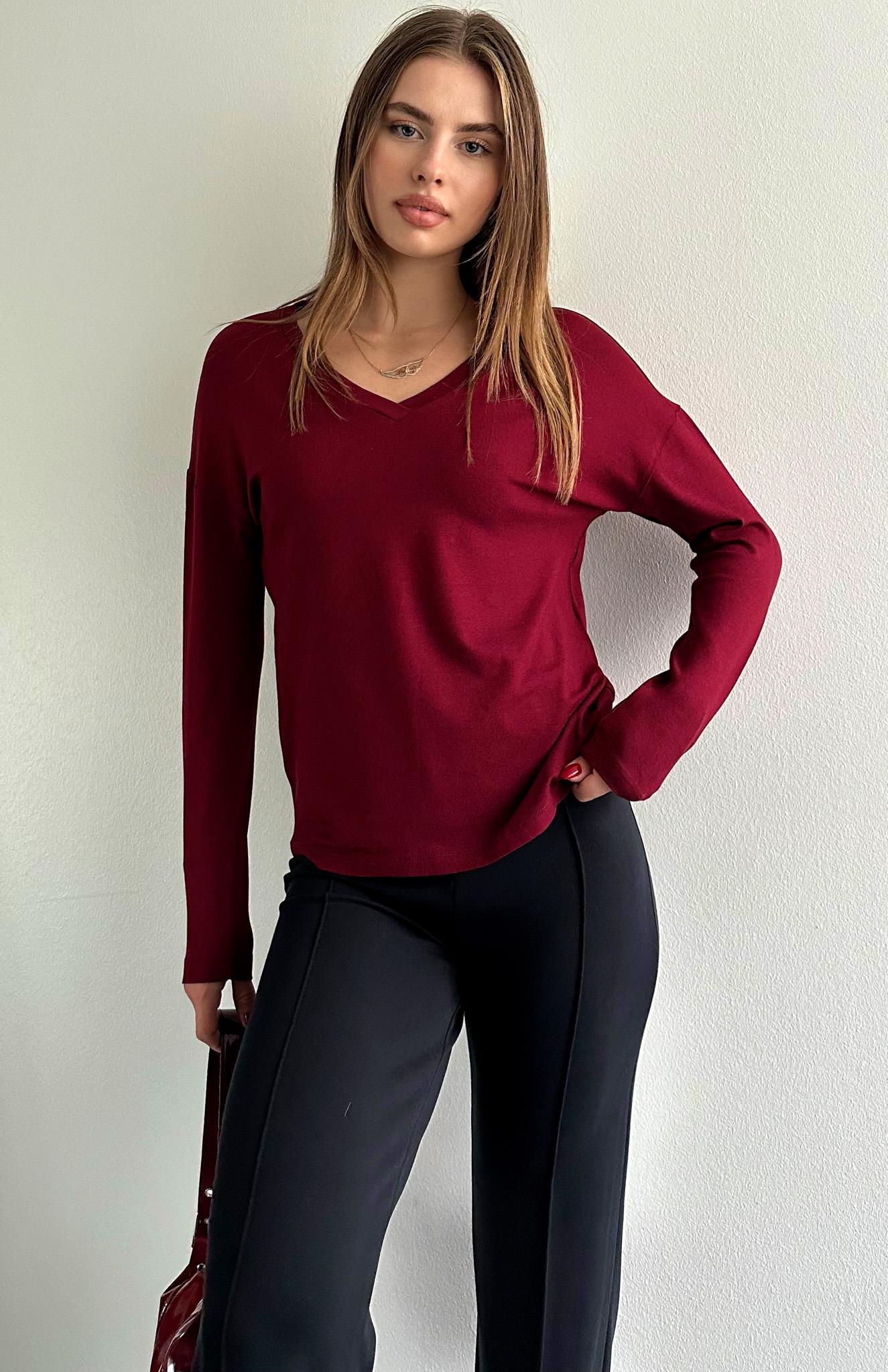 V Yaka Uzun Kollu Bluz BORDO